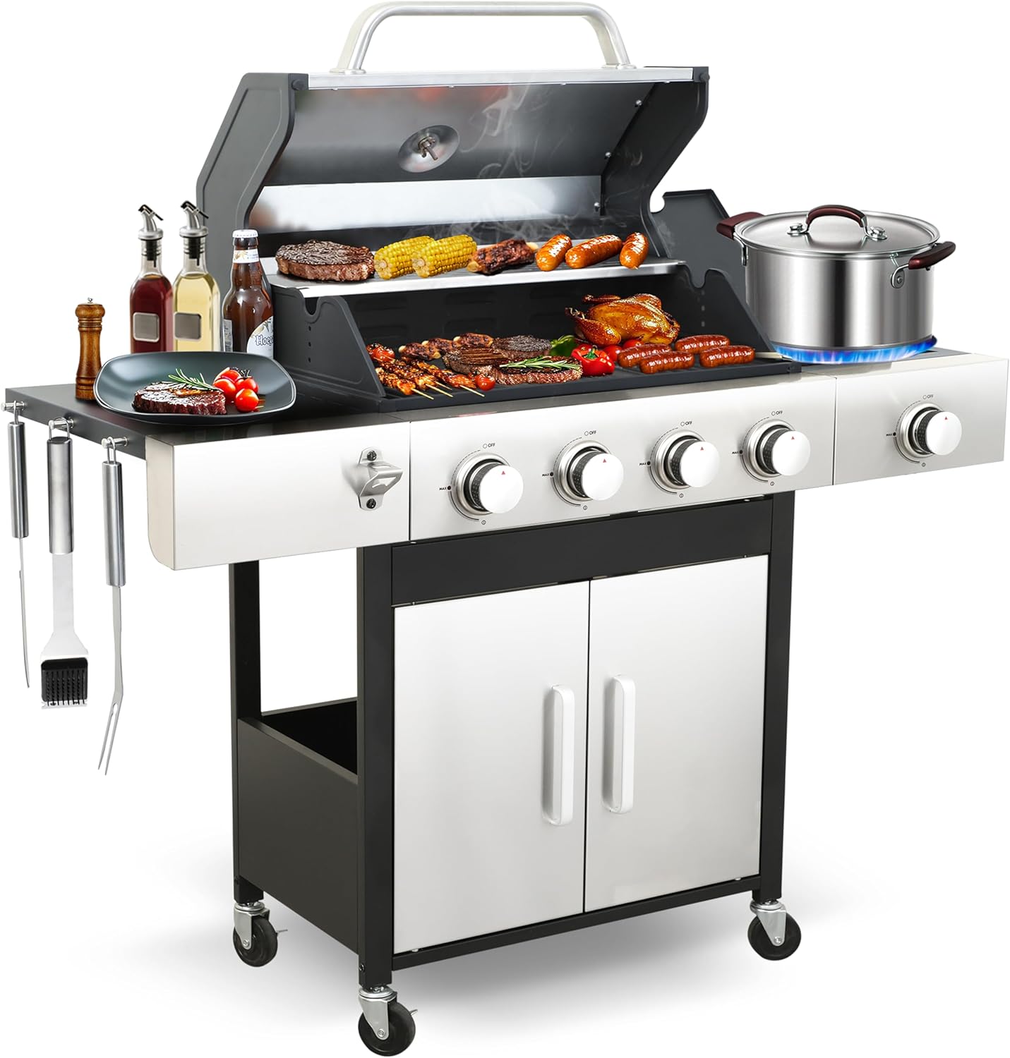 49000 BTU Output Propane Gas Grill with Side Burner and 4 Main Burners - Double-layer Stainless Steel Lid, Cast Iron Grids and Plate, Easy-Clean Grease Management for Perfect BBQs