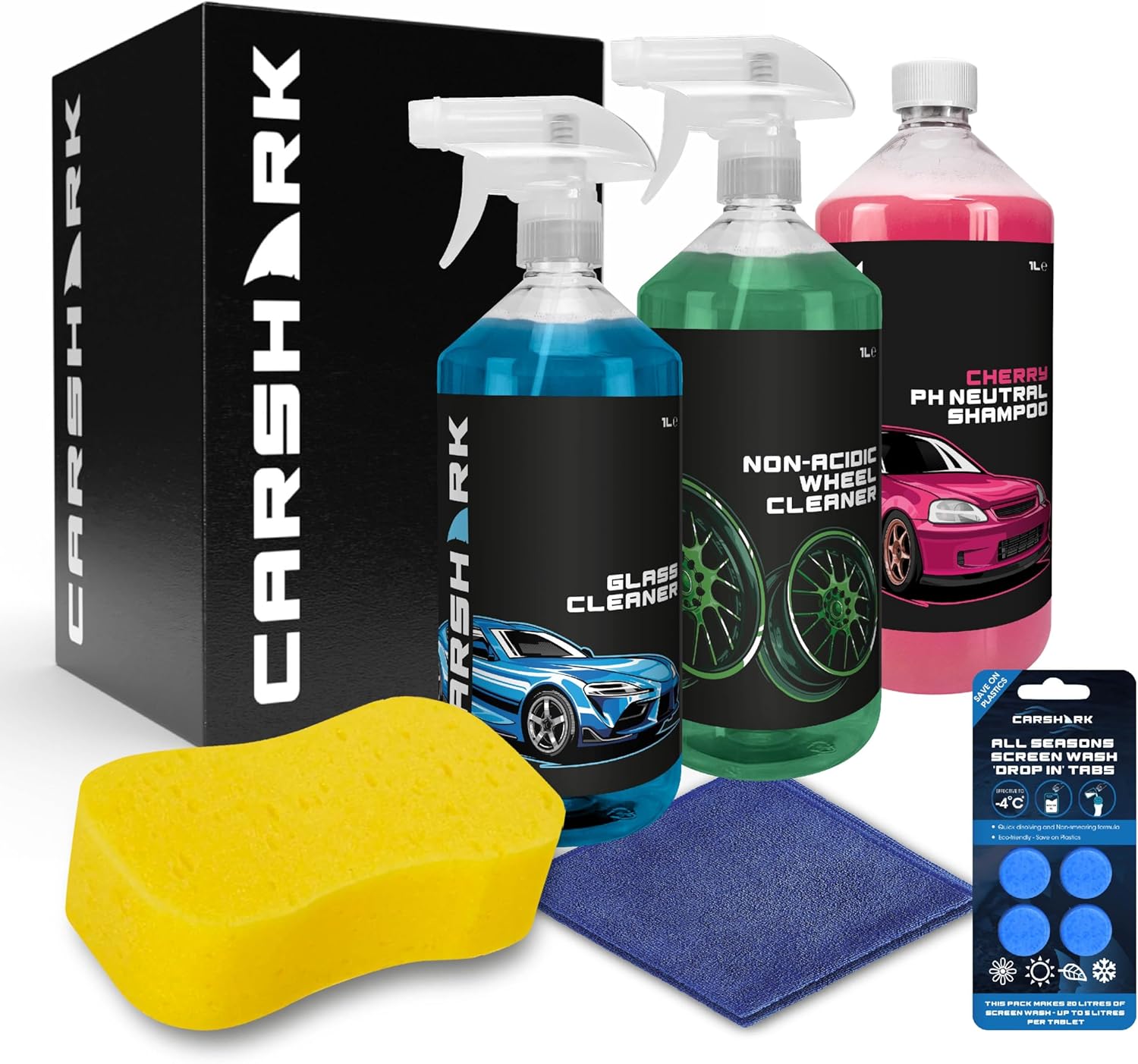 CARSHARK Car Cleaning Kit, Gift Set with Cherry Shampoo 1L, Wheel Cleaner 1L, Glass Cleaner 1L, Sponge, Microfibre Cloth, Screenwash Tabs