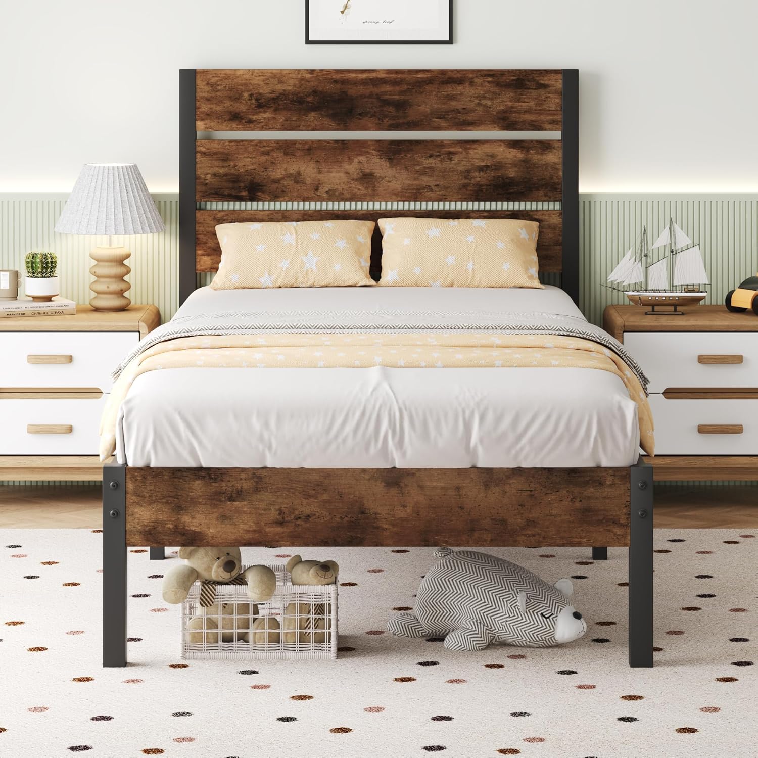 Lifezone Twin Bed Frame with Headboard and Footboard, Metal Twin Bed Frame with Under-Bed Storage, All-Metal Support System, No Box Spring Needed, Easily Assemble, Vintage Brown