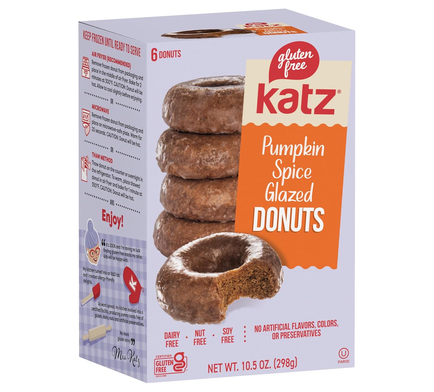 Katz Gluten Free Pumpkin Spice Glazed Donuts | Dairy Free, Nut Free, Soy Free, Gluten Free | Kosher (1 Pack of 6 Donuts, 10.5 Ounce)