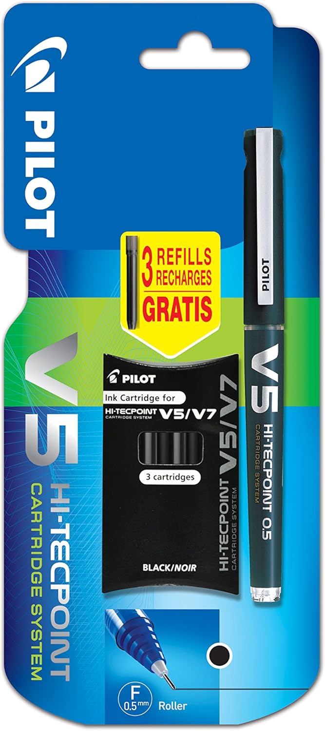 Pilot V5 Cartridge System Liquid Ink Rollerball, 0.5 mm Tip Single Pen with 3 Free Refills - Black