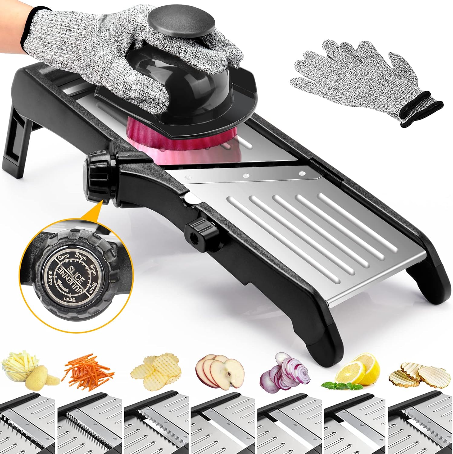 Mandoline Slicer, 7 in 1 Stainless Steel Vegetable Cutter, Adjustable Mandoline Food Slicer for Potato, Onion, Cucumber, Cabbage, Send Cut Proof Gloves, and Cleaning Brush