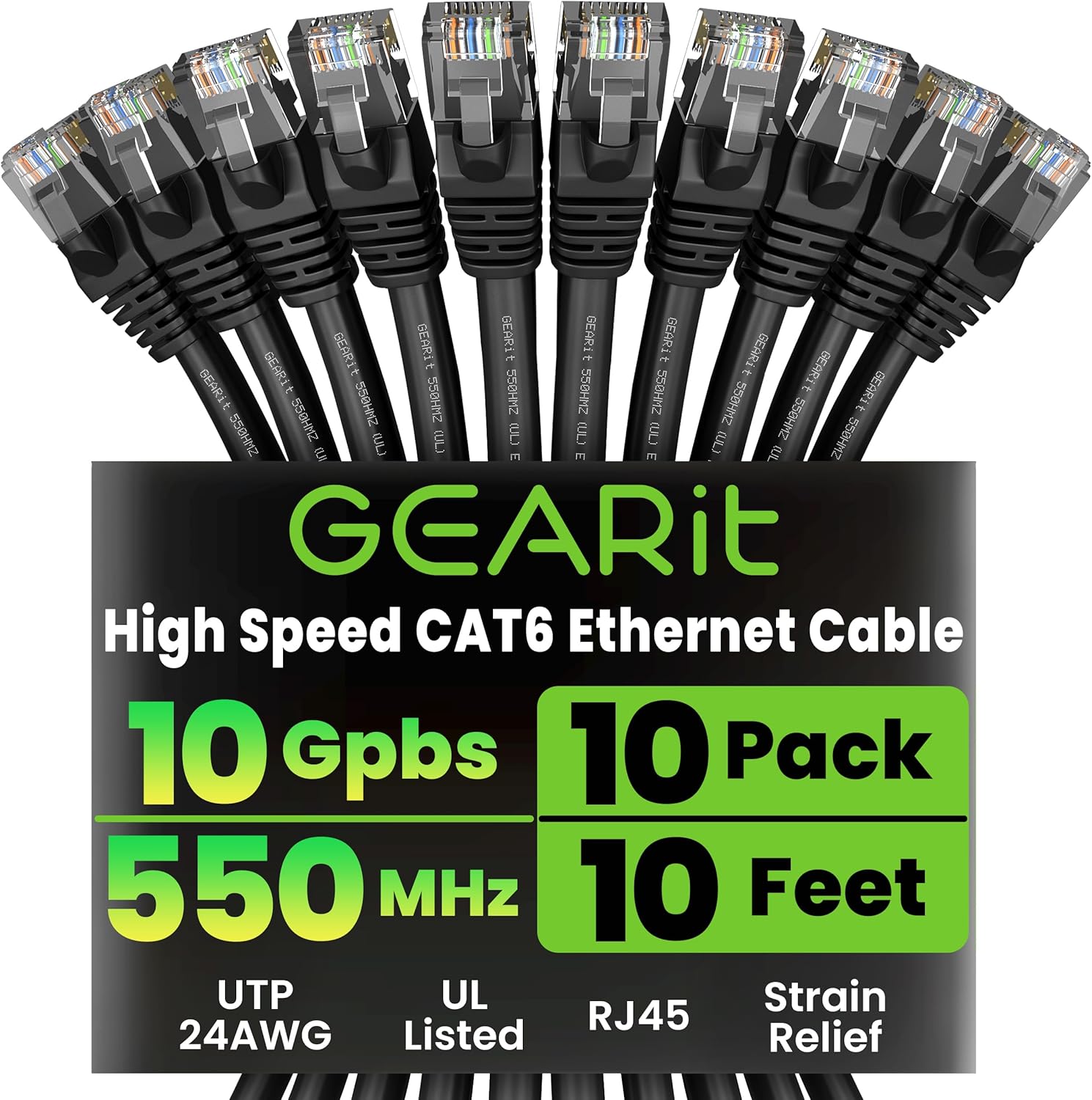 GEARit Cat 6 Ethernet Cable Pack – 10-Pack 10 ft Cat6 Ethernet Patch Cables | RJ45 Network Patch Cable, 10 Gbps Snagless Gold-Plated Connectors – Ethernet Cable Cat 6 for PC, TV, Router – Black