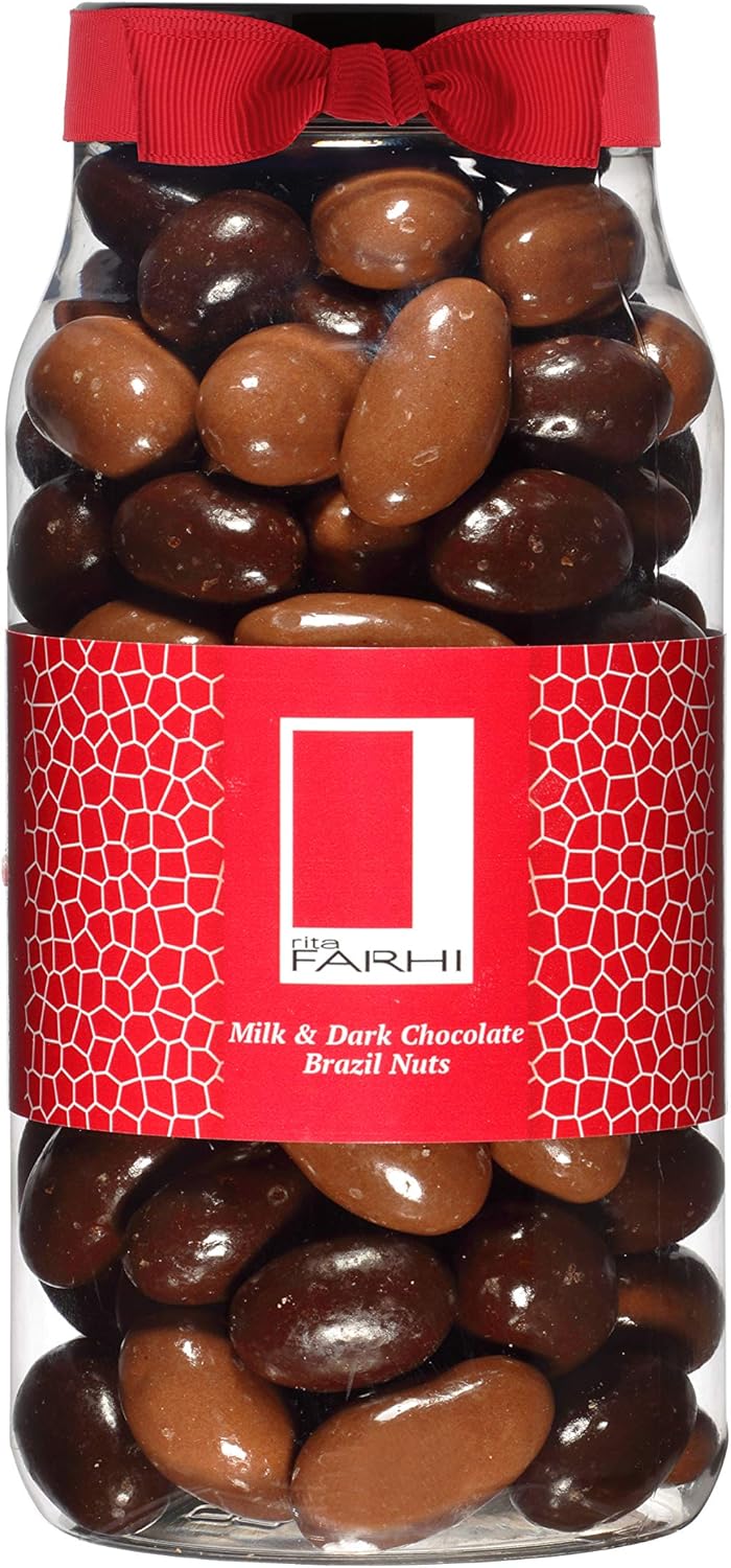 Rita Farhi Milk and Dark Chocolate Covered Brazil Nuts in a Gift Jar | Vegetarian and Chocolate Gift - Chocolate Coated Nuts - 740 g - New Palm Oil Free Recipe