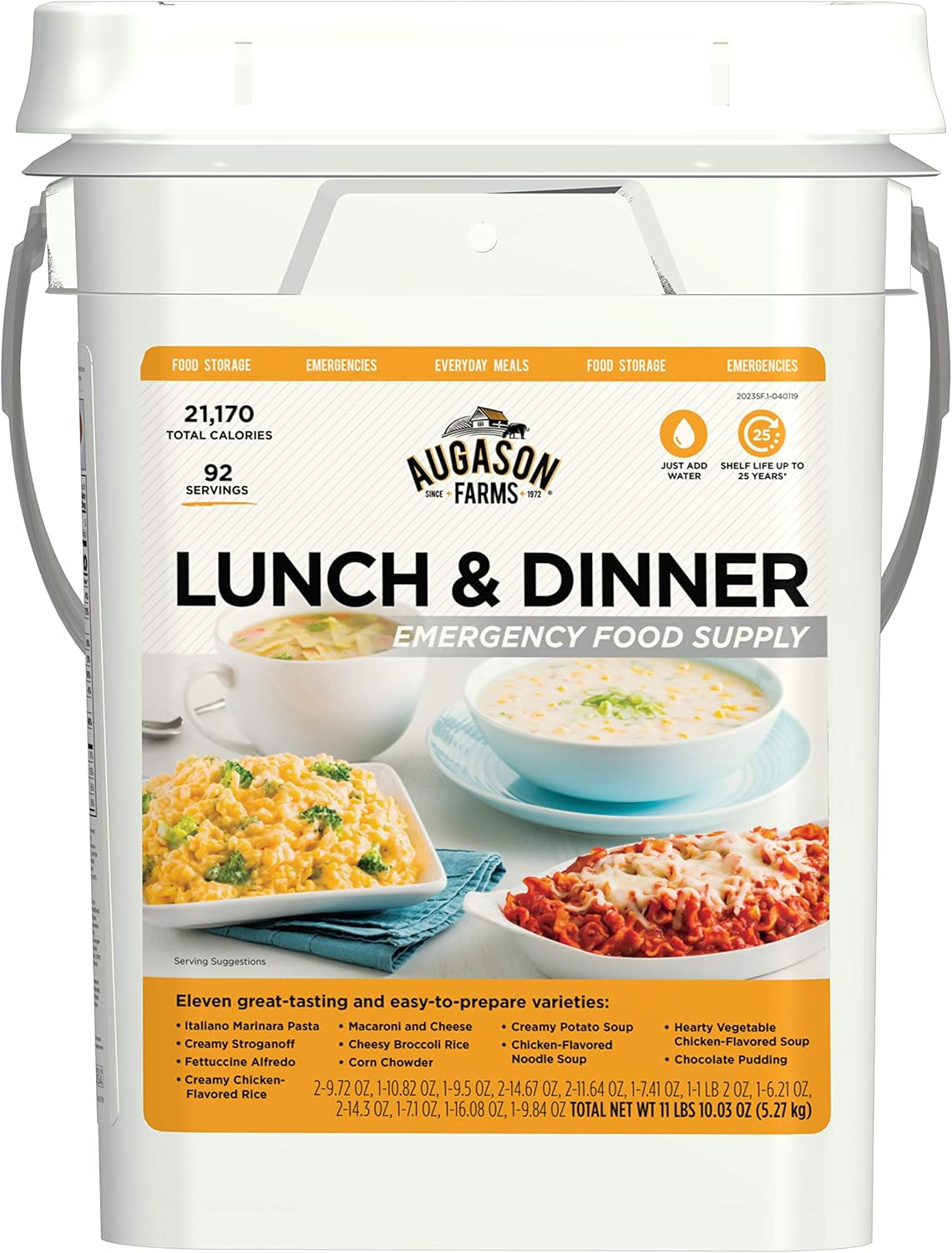 Augason Farms 4-Gallon Lunch & Dinner Variety Pail - Dehydrated Survival Food Kit - Long Shelf Life Ready to Eat Meals - Disaster Prep, Hiking & Camping Essentials - 92 Servings