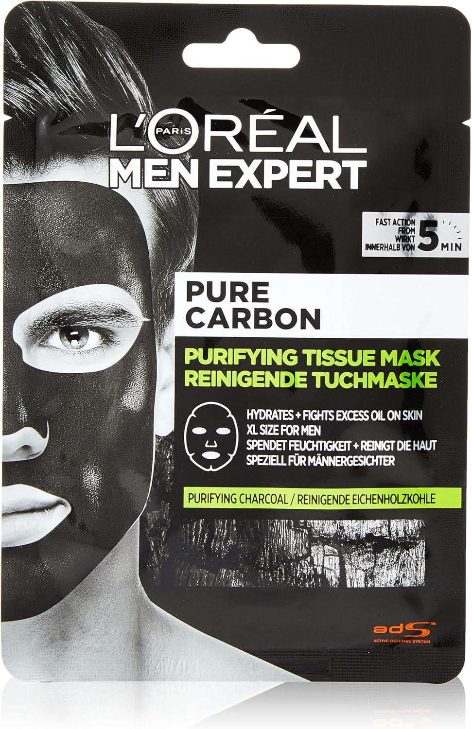L'Oréal Men Expert Pure Charcoal 5 Minute Purifying Tissue Face Mask, Enriched For Purifying Charcoal & Hydrating Glycerine to Moisturise & Mattify the Skin, 30g