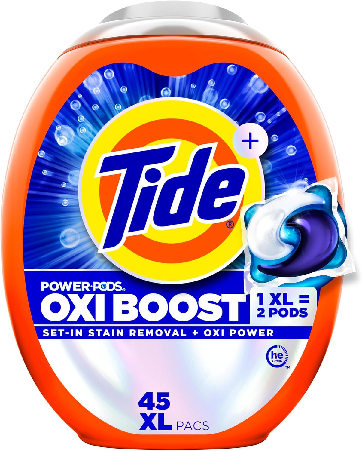 Tide Oxi Boost Power PODS Laundry Detergent Pods, 45 Count, HE Compatible, Stain Remover Plus Oxi Power, Removes Tough Set-In Stains