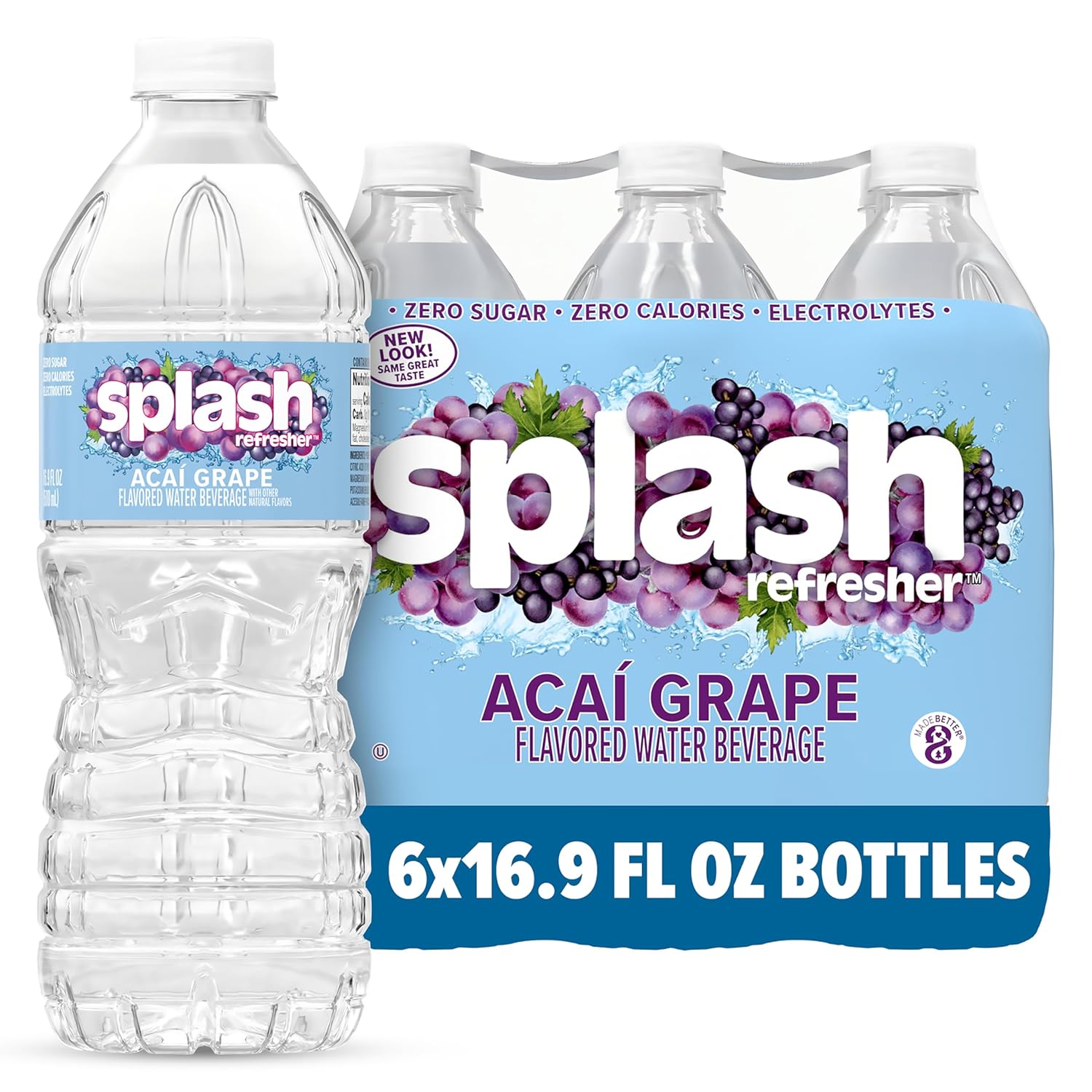 Splash Refresher Acai Grape Flavored Water, 16.9 Fl Oz, Plastic Bottle Pack of 6