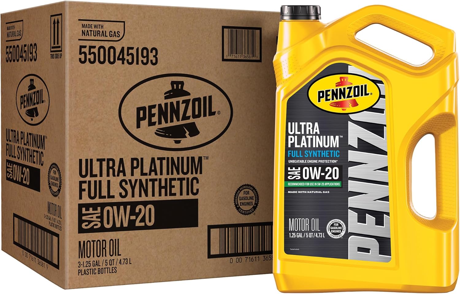 Pennzoil Ultra Platinum Full Synthetic 0W-20 Motor Oil, 5 Quart (3 Pack)