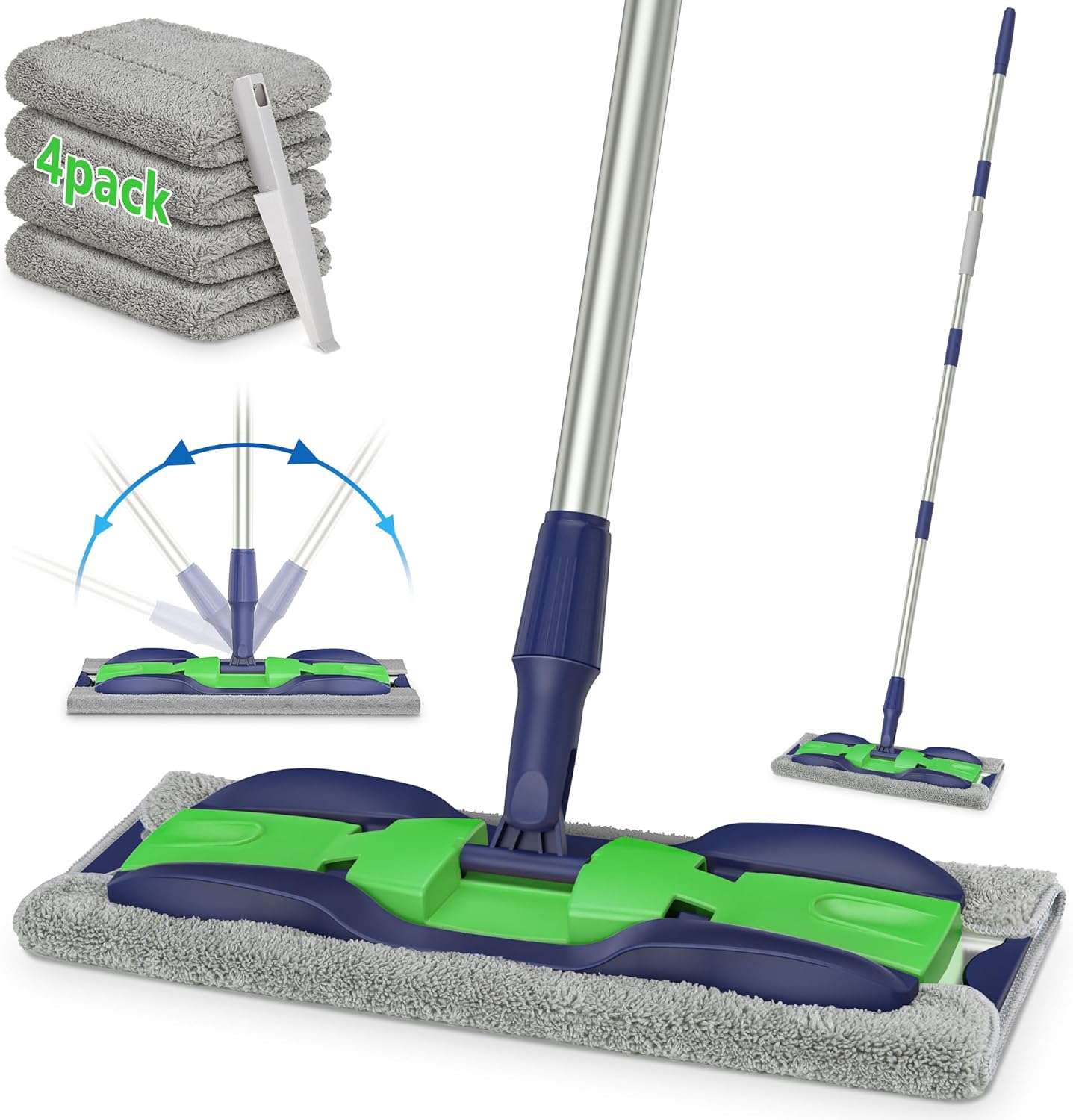 Microfibre Mop for Floor Cleaning - MEXERRIS Mops Wet with 4x Washable Pads, Dust Adjustable Handle Wood Flat Home Commercial Use Hardwood Laminate Tiles Wall, Green