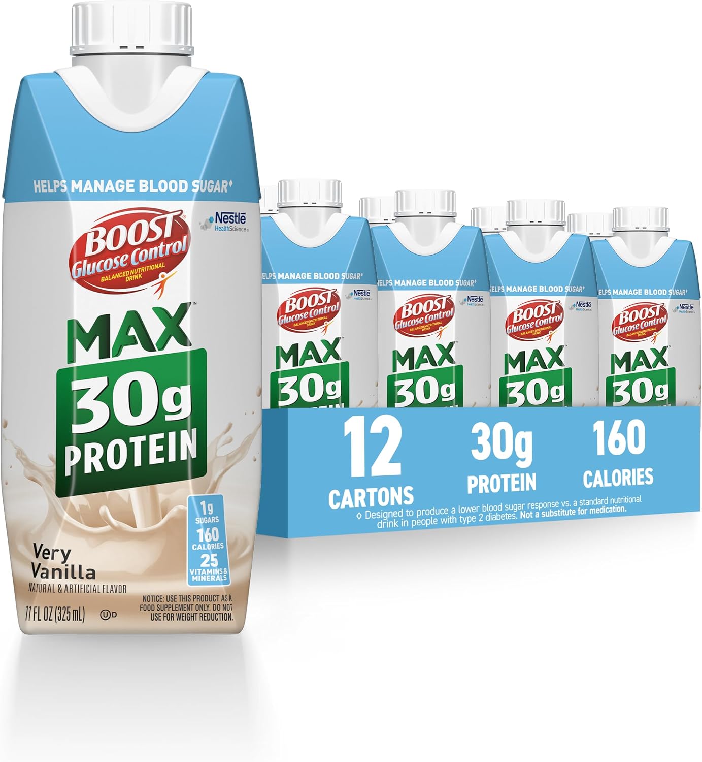 BOOST Glucose Control Max 30g Protein Nutritional Drink, Very Vanilla, 11 Fl Oz (Pack of 12), Packaging May Vary