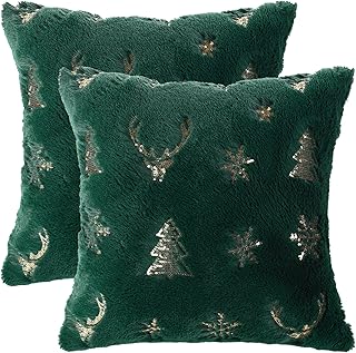 Holibeat Sequin Christmas Green Pillow Covers 18x18 inches Fluffy Xmas Decoration Pillowcases (Pack of 2) (Green Christmas)