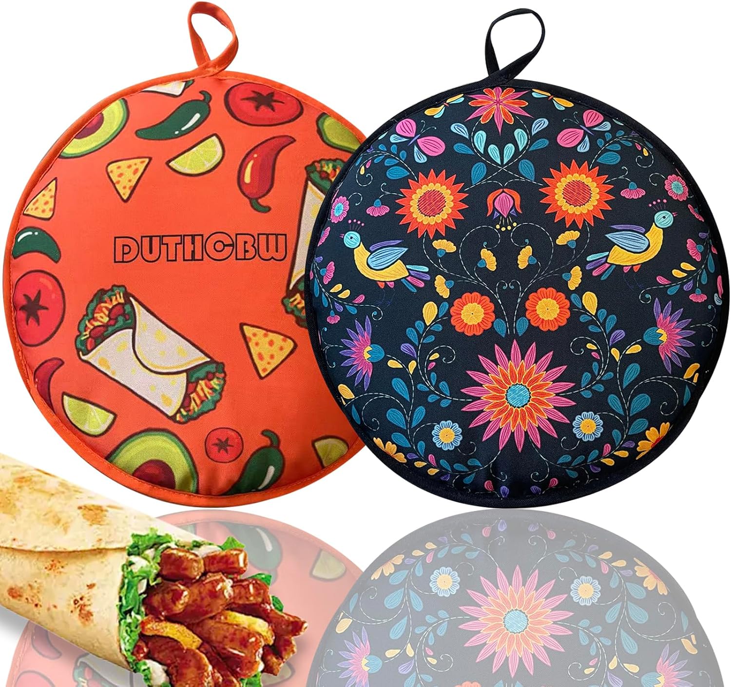 2 PACK Large Tortilla Warmers, Premium Insulated Fabric Pouch Keeps Tacos, Naan, Pizza & Flour Tortillas Cozily Warm, Microwavable & Classic, Ideal for Family Feasts, Orange/Black