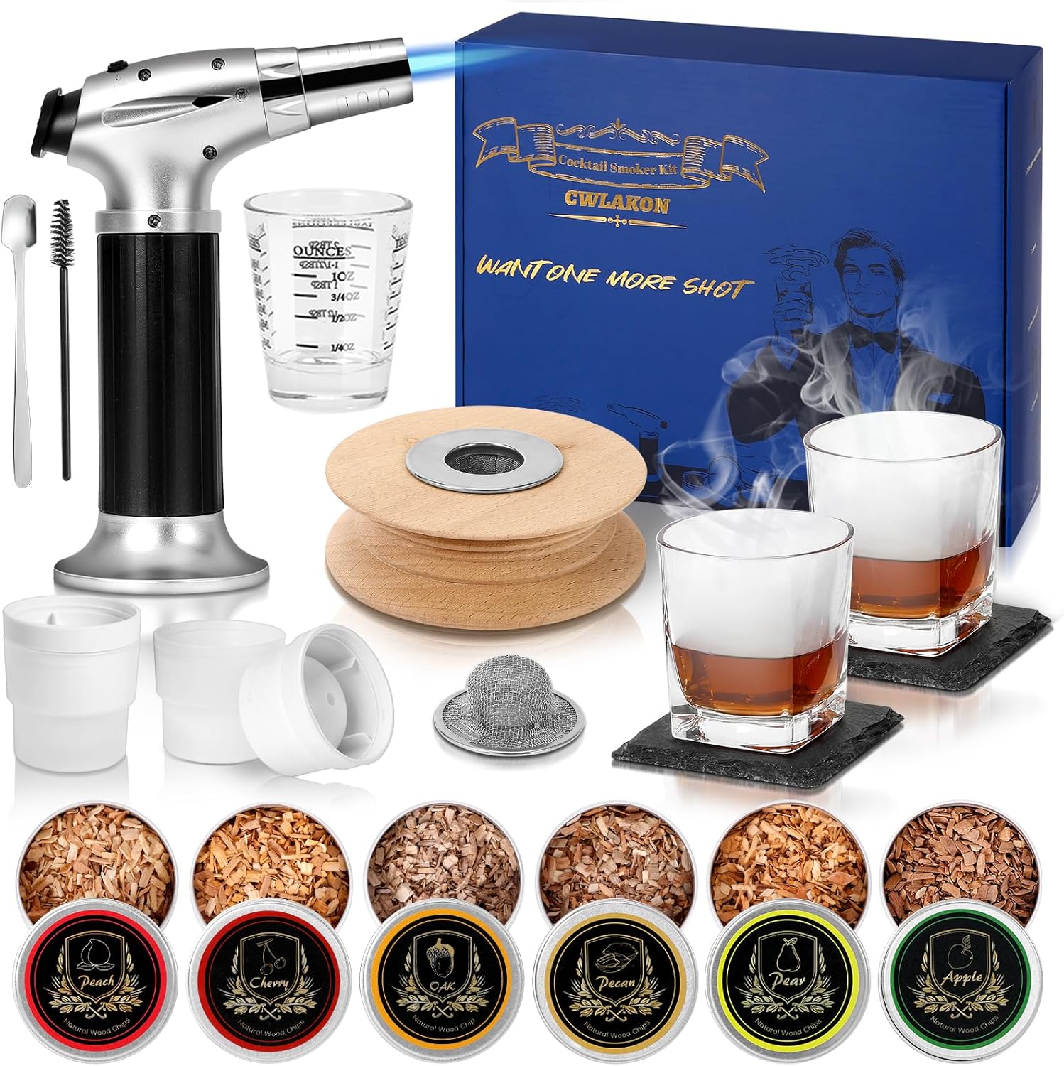 CWLAKON Cocktail Smoker Kit with Torch, 6 Flavors Wood Chips, 2 Glasses, Bourbon Whiskey Smoker Infuser Kit, Old Fashioned Drink Smoker Kit, Christmas Birthday Gifts for Men, Dad, Husband(No Butane)