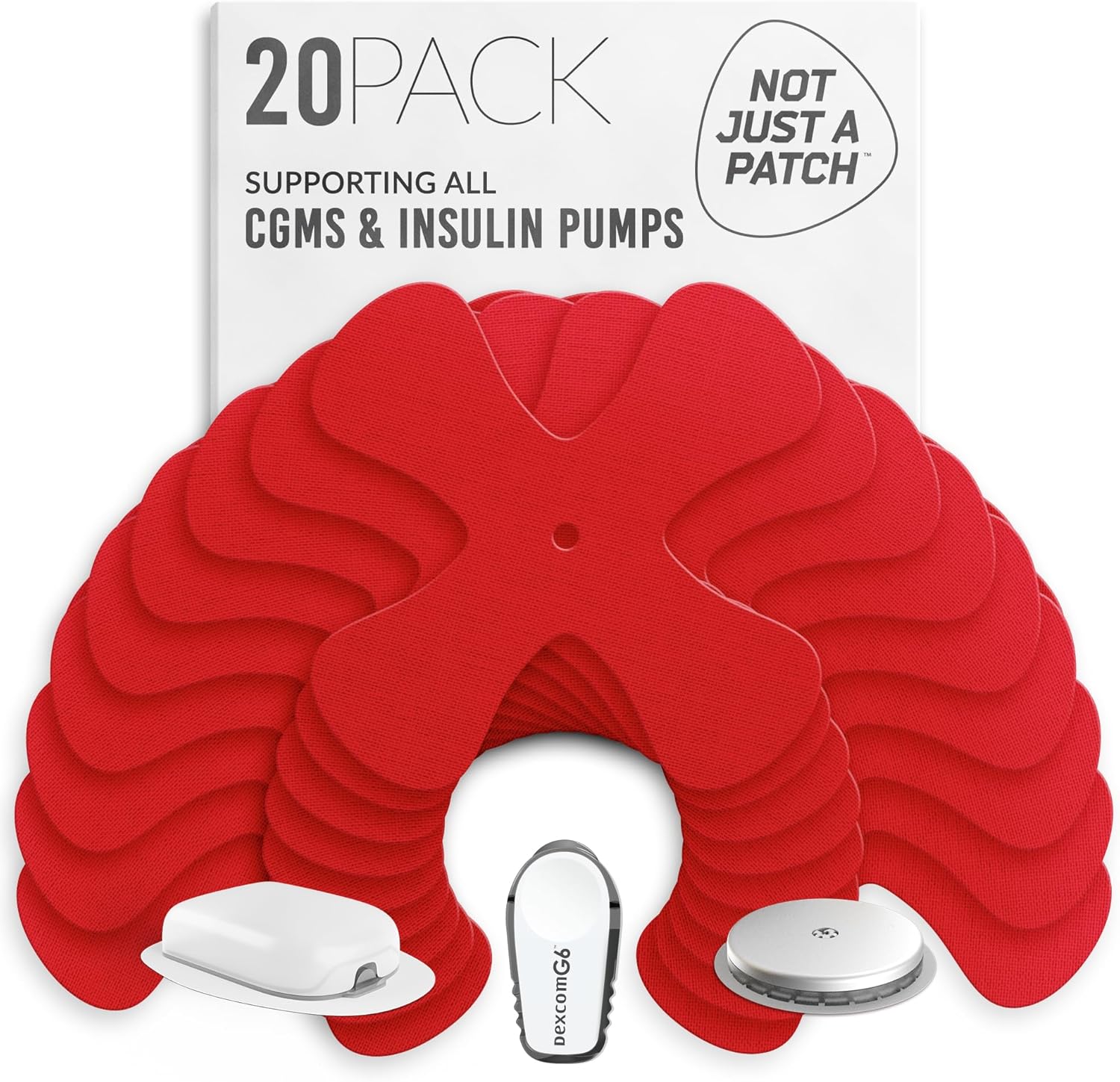 Not Just A Patch X-Patch CGM Sensor Patches (20 Pack) - Water Resistant Omnipod 5 Adhesive Patches - Durable for Active Lifestyle for 10-14 Days - Compatible with Dexcom G6, Libre 2 in Red