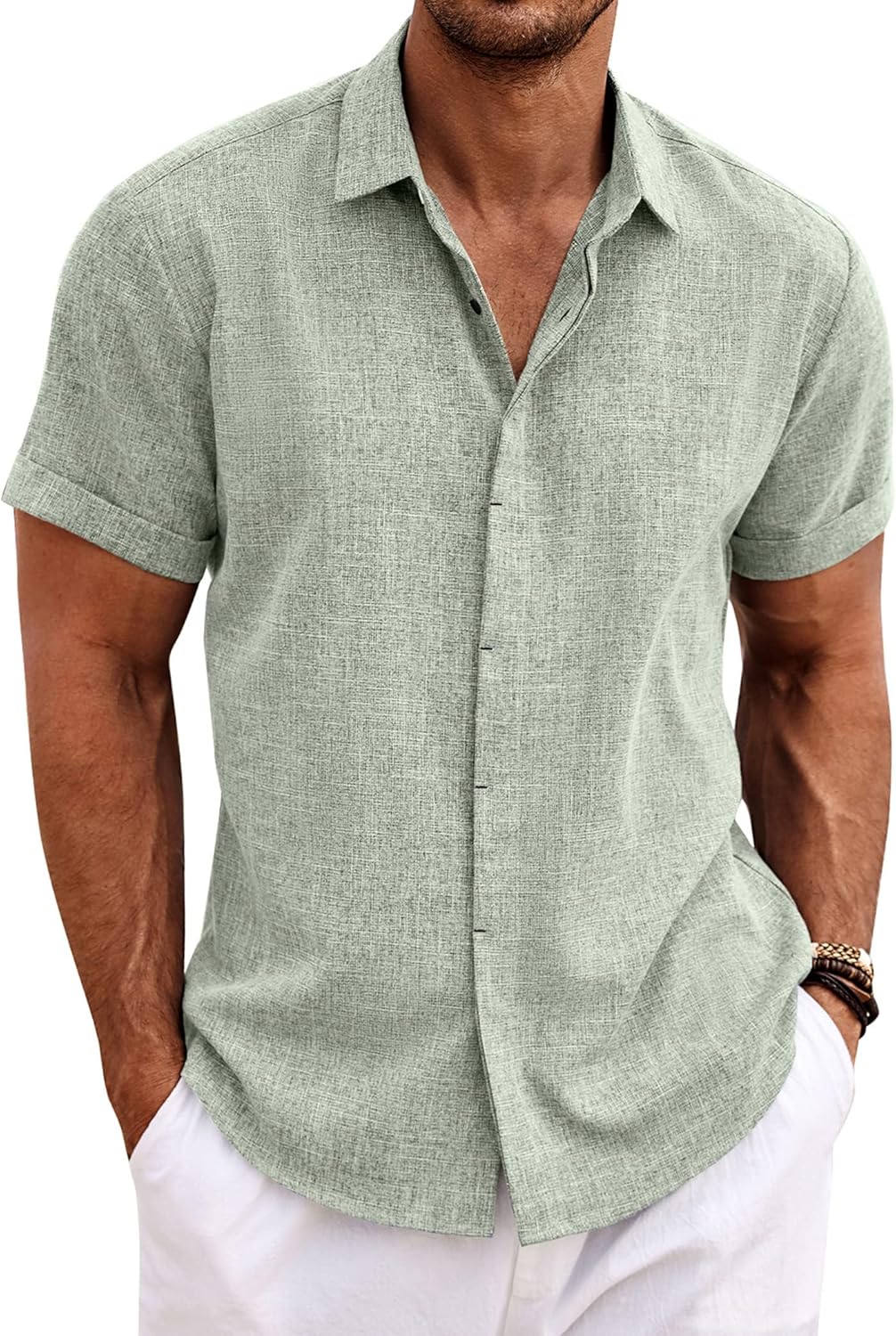 COOFANDY Mens Linen Shirts Short Sleeved Summer Regular Fit Cotton Shirt Button Down Hawaiian Holiday Tops