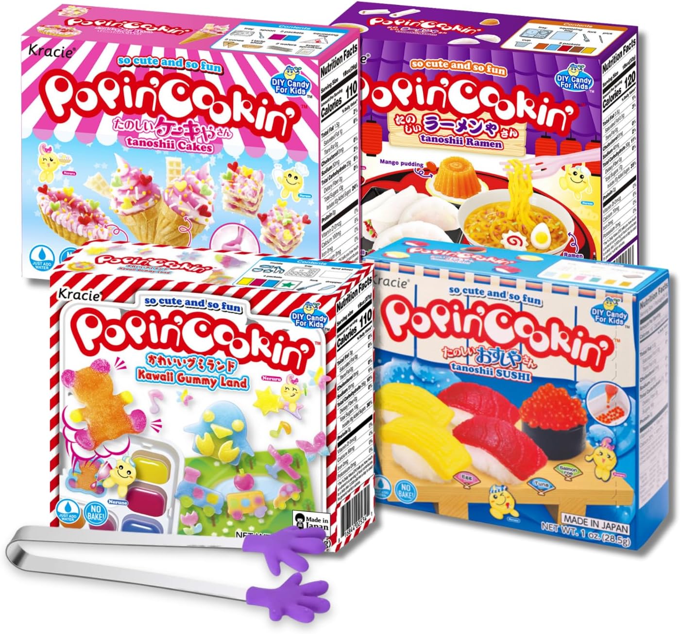 umaya Kracie Popin’ Cookin’ DIY Candy Making Kit for Kids - Tanoshii Sushi, Gummy Land, Ramen, Cake & Kids Mini Tongs (4 Pack Variety Bundle)
