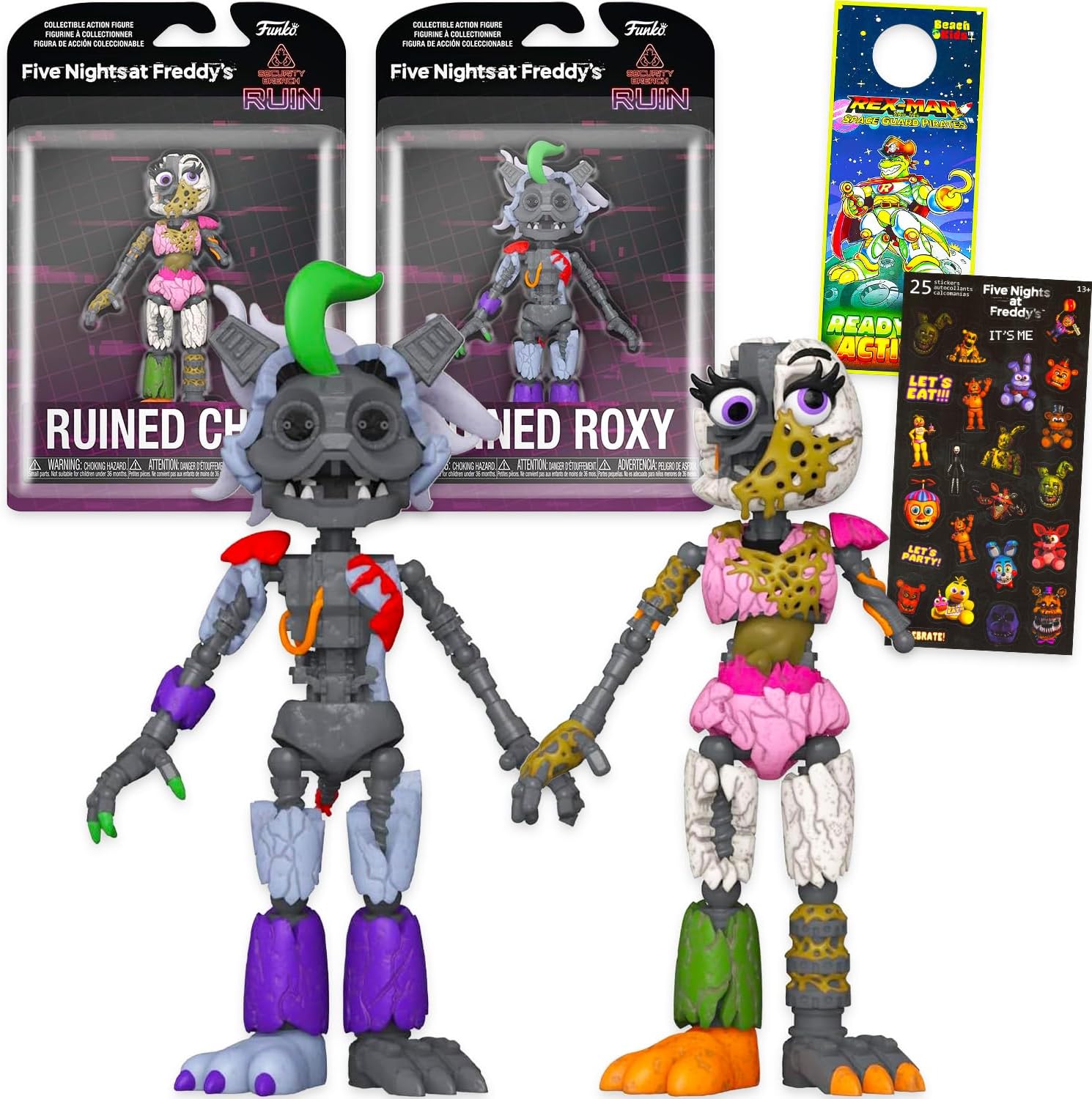Five Nights at Freddy's Ruined Figures Set - Bundle with 2 FNAF Mini Figures Ruined Chia and Roxy Plus Stickers, More | Five Nights at Freddy's Figurines for Kids Set