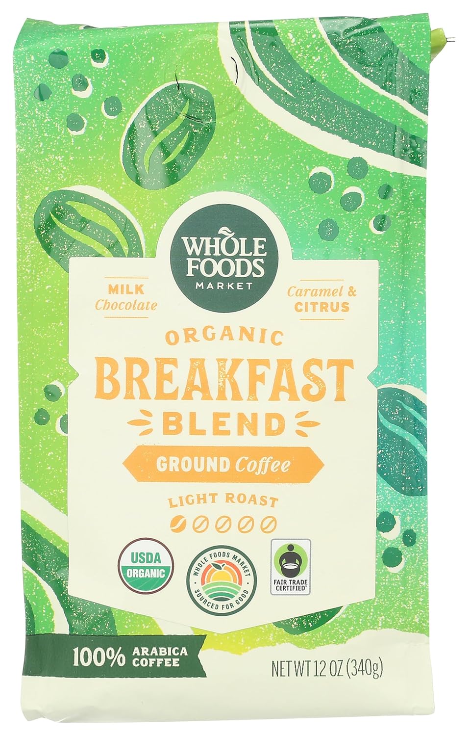Whole Foods Market, Organic Breakfast Blend Ground Coffee, Light Roast, Milk Chocolate, Caramel & Citrus, 12 Ounce