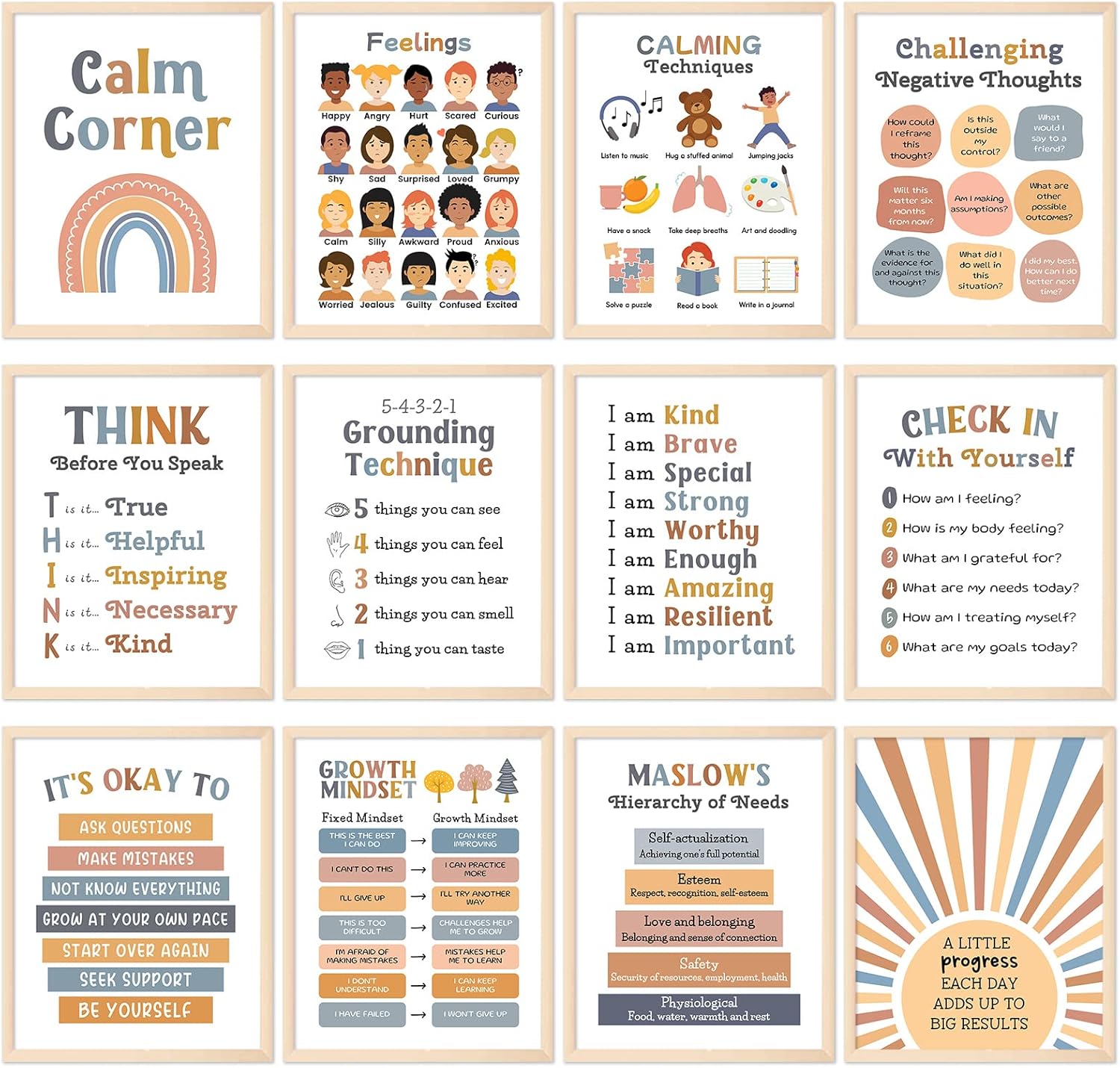 Whaline 12 Sheets Calming Corner Classroom Posters Boho Mental Health Feelings Chart Back to School Calm Down Coping Skills Educational Therapy Posters for Preschool Classroom Decor, 11 x 14 Inch