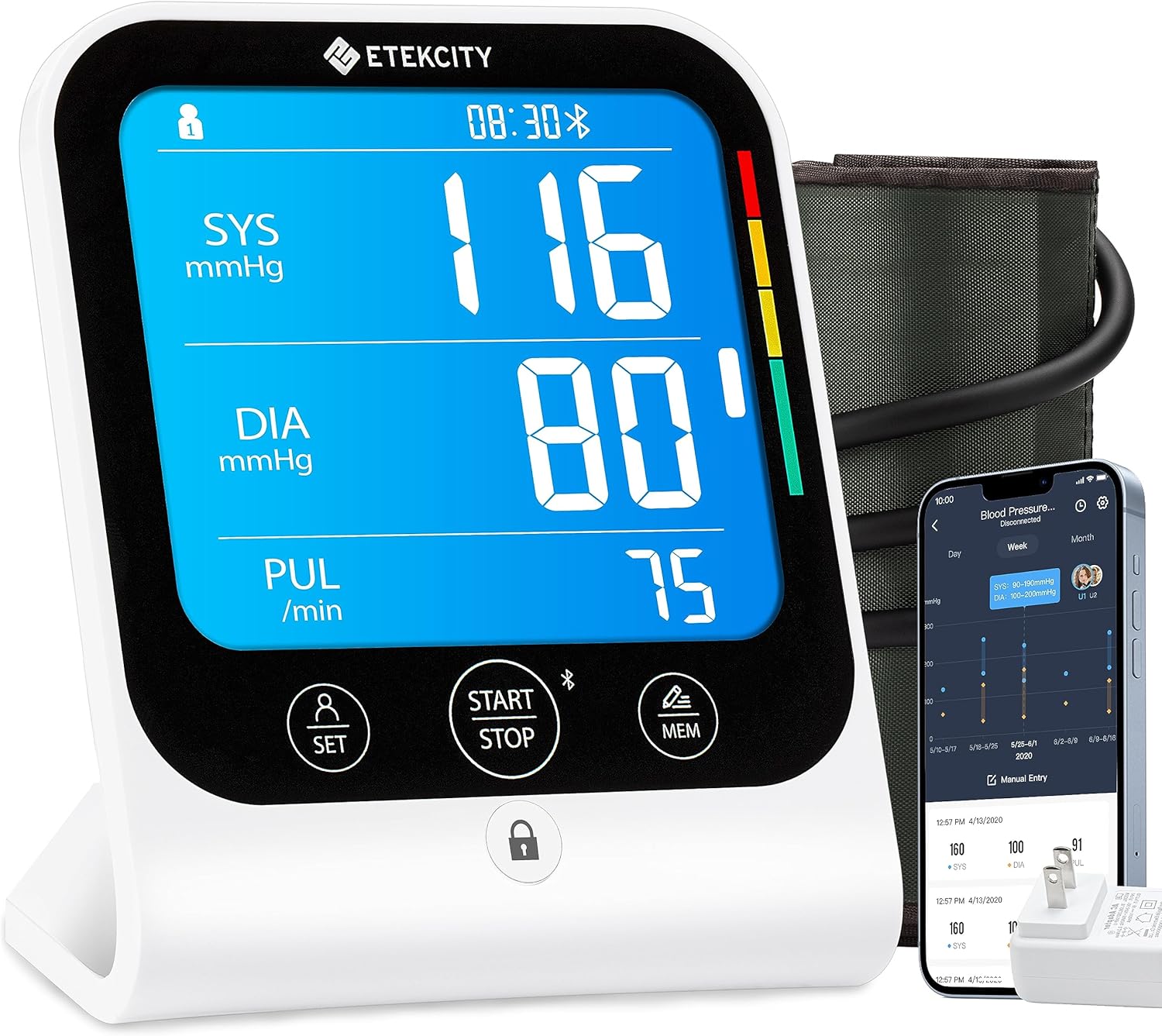 Etekcity Bluetooth Blood Pressure Monitor, Smart Upper Arm Automatic BP Machine with App, Rechargeable, Wide Cuff 8.6"-16.5", Irregular Heartbeat Detection, Home Medical Diagnostic Kit Wearables
