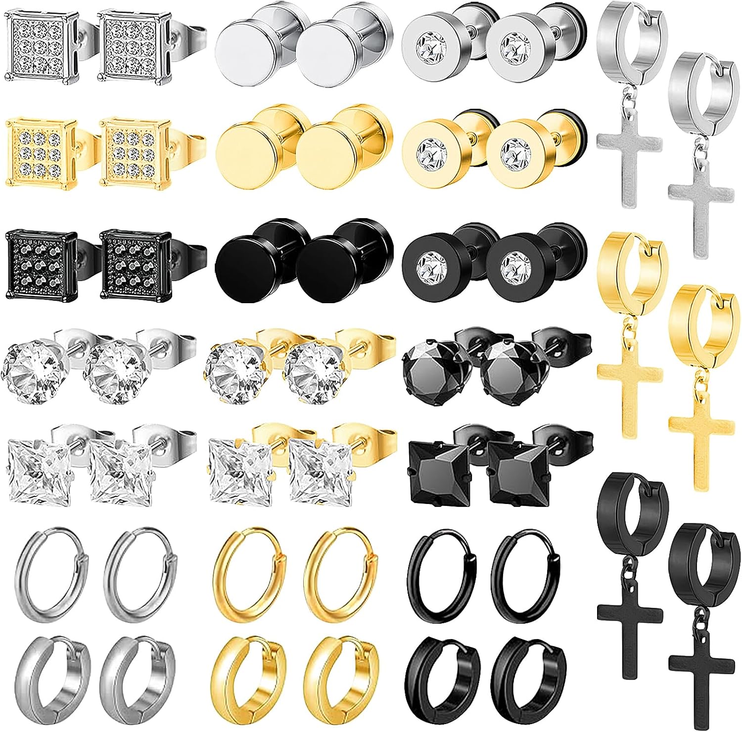 NEWITIN 24 Pairs Stainless Steel Earrings for Men Hypoallergenic Inlaid Cubic Zirconia Studs Hoop Earring Cross Dangle Earrings Unisex Punk Stud Earring for Women Men
