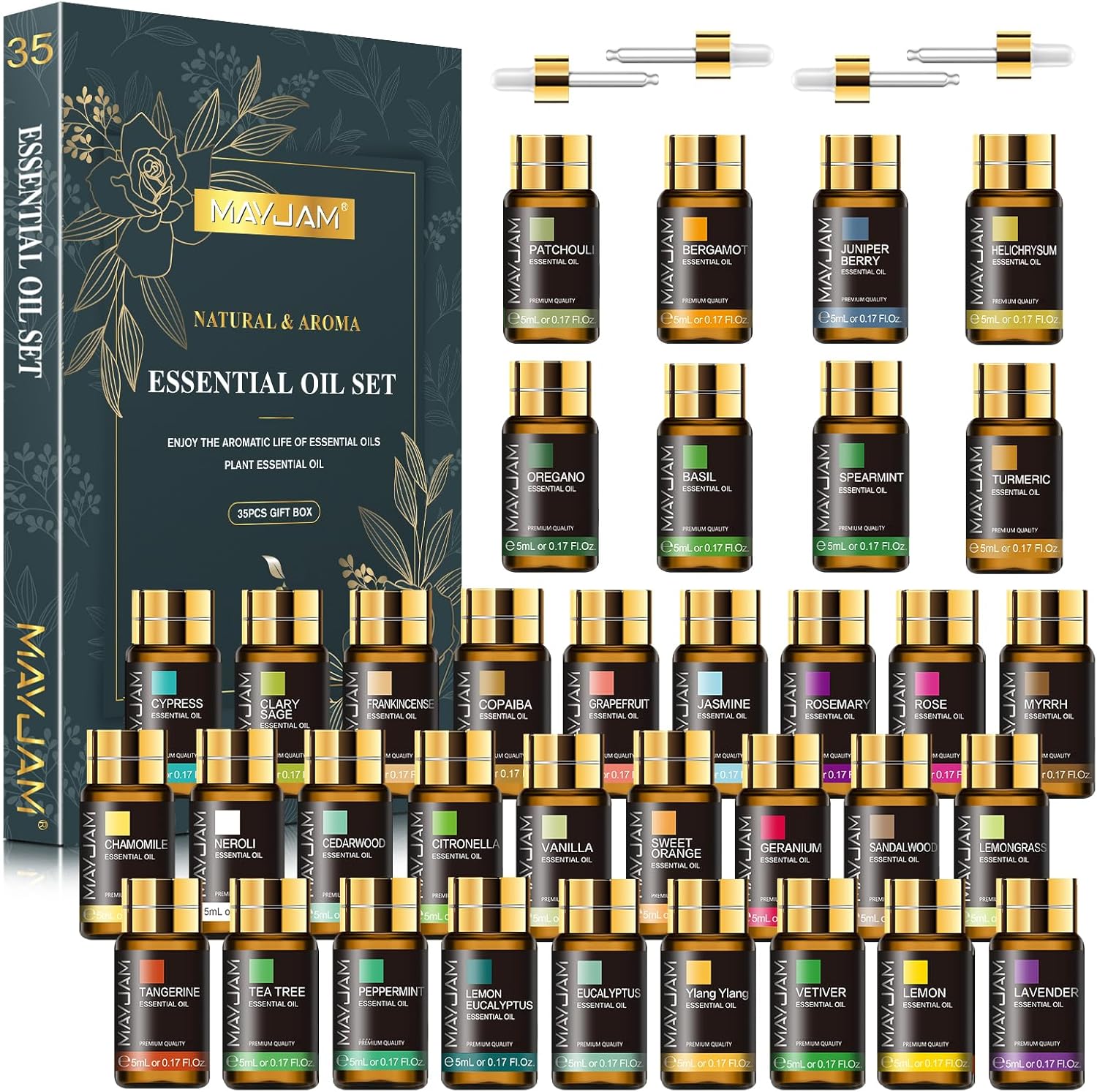 MAYJAM Essential Oils Set 35 x 5 mL - Essential Oils Gift Set for Humidifier, Diffusers, Home, DIY