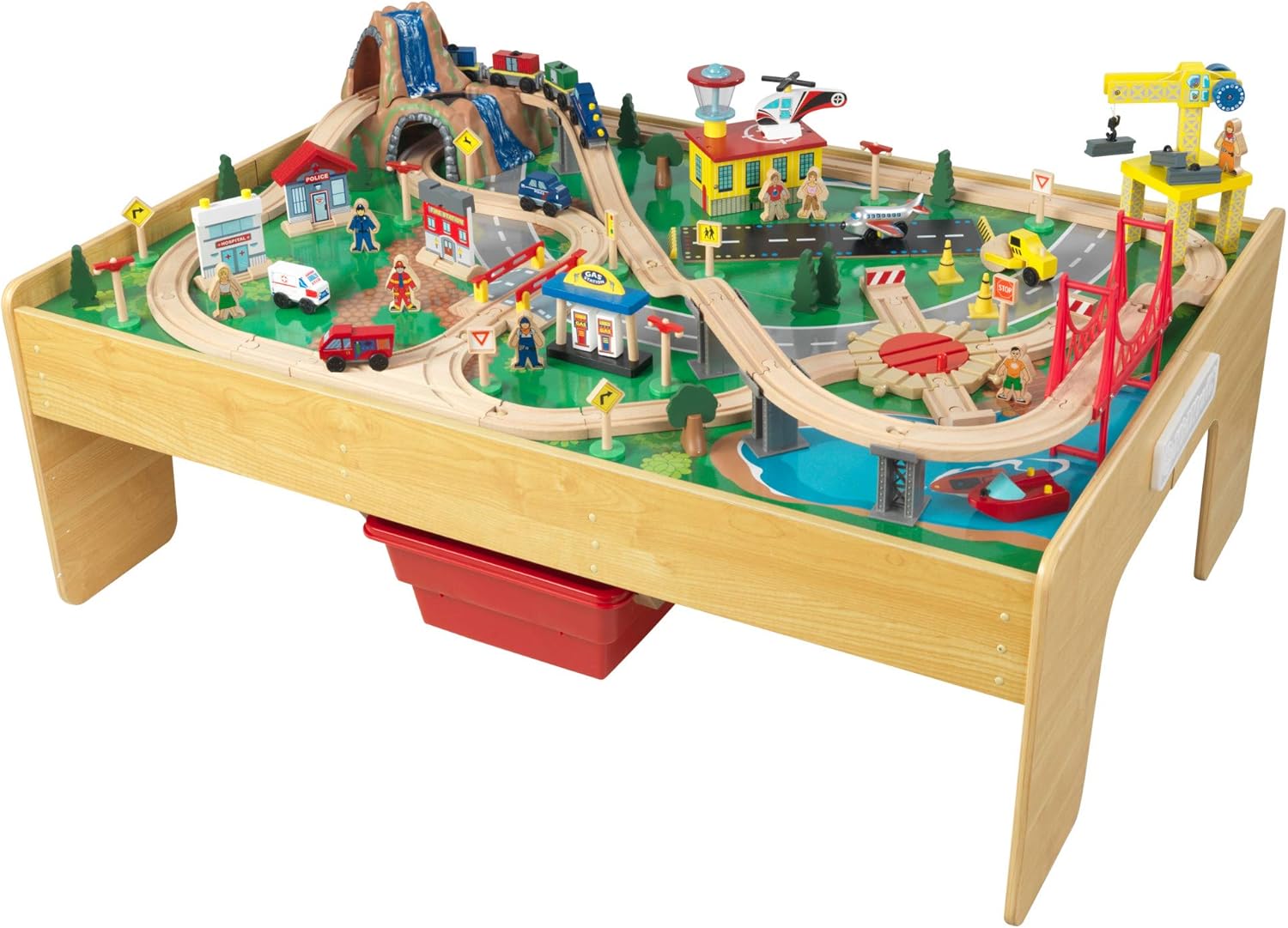 KidKraft Adventure Town Railway Wooden Train Set & Table with EZ Kraft Assembly™ with 120 Accessories and Storage Bins, Gift for Ages 3+