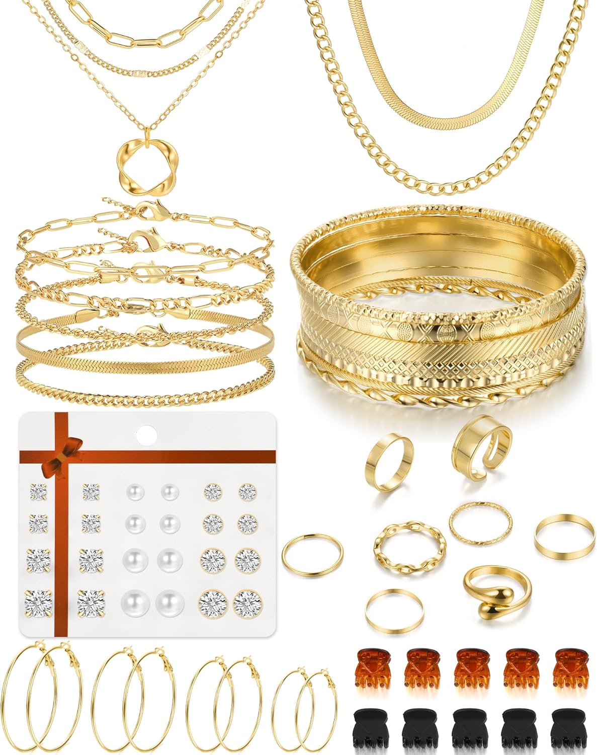 YEEZII Gold Jewelry Set for Women with 5Pcs Layered Necklace, 5Pcs Layered Necklace, 12 Bracelets, 4 Hoop Earrings, 8 Stackable Rings, 10 hairpins, 12 Studs Earrings Jewerly set for Women