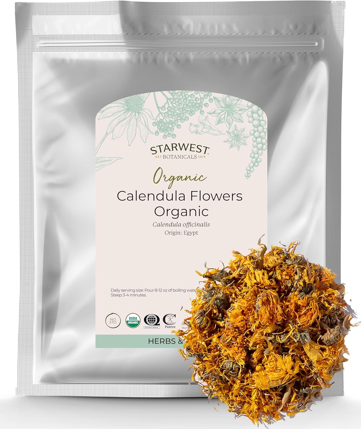Starwest Botanicals Organic Calendula Flowers Whole, 1 Pound Bulk Resealable Bag Herbal Tea (Calendula Officinalis)