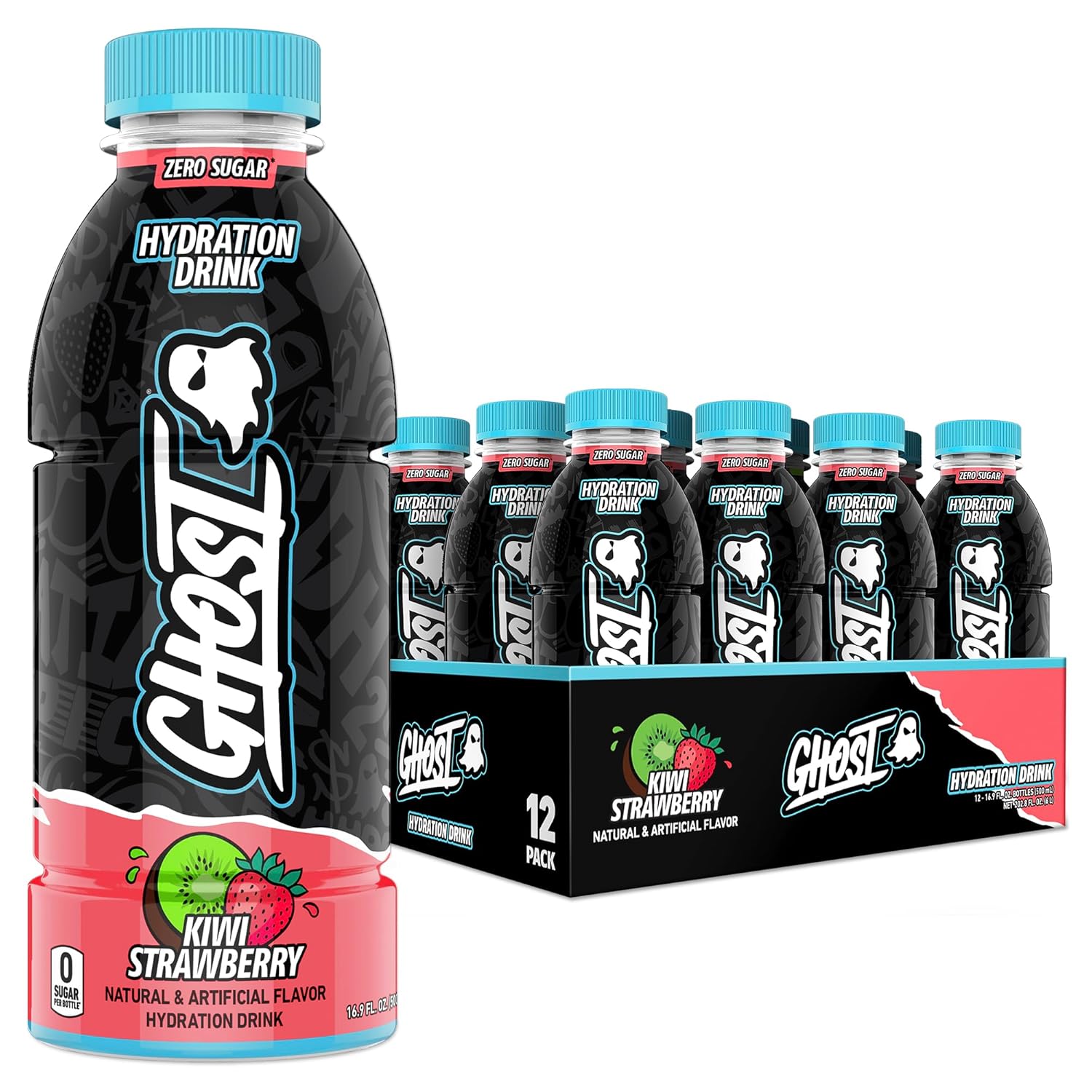 GHOST Hydration Drink, Kiwi Strawberry- RTD Sports Drink with Electrolytes, Natural Vitamins & Minerals - All Day Lifestyle Hydration Beverage - Zero Caffeine & Zero Sugars - 16.9 Fl Oz, 12 Pack