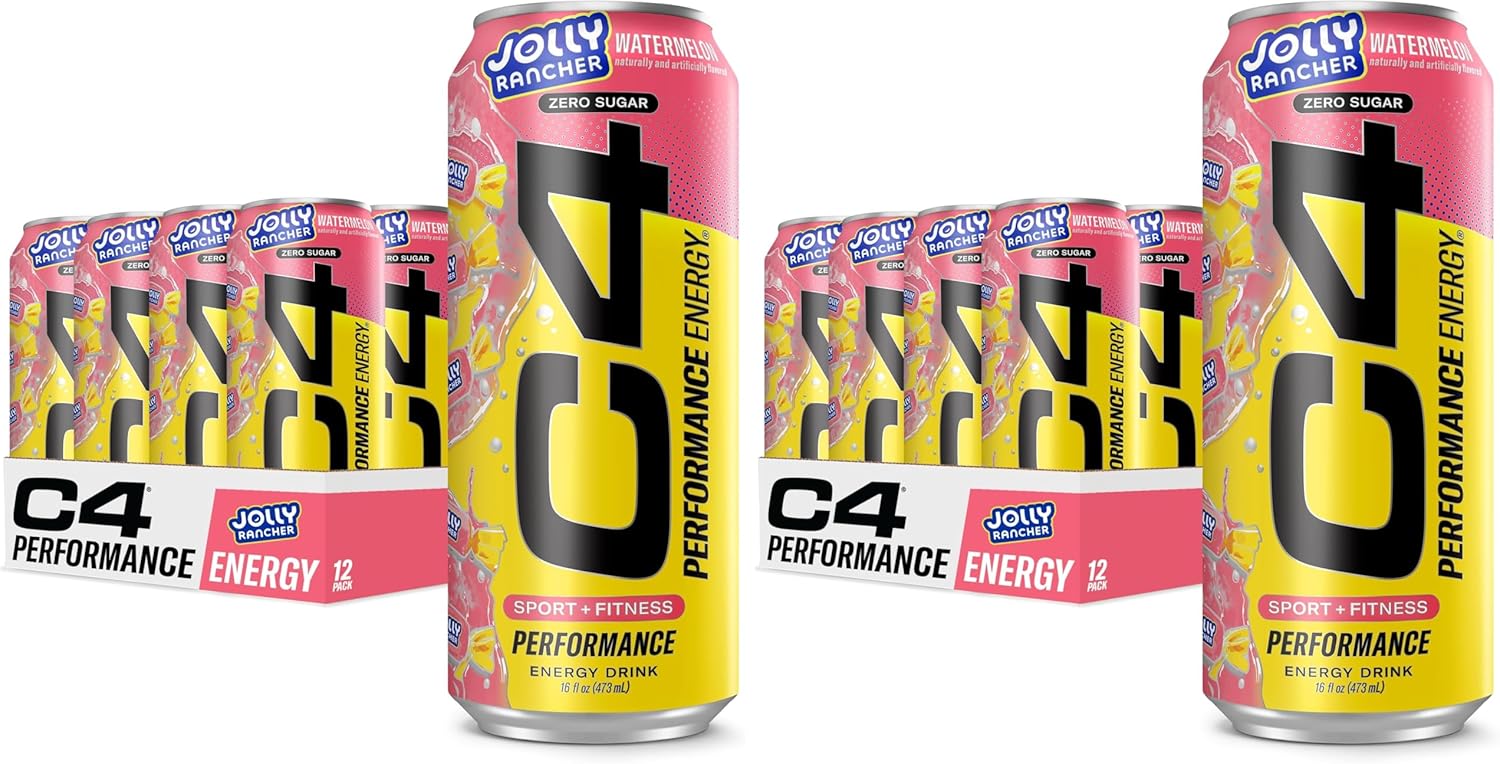 Cellucor C4 Performance Energy Drink | JOLLY RANCHER Watermelon | Zero Sugar Carbonated Preworkout Energy | 200mg Caffeine with Beta Alanine | 16 Fl Oz (24 Pack)