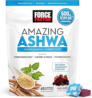 Force Factor Amazing Ashwa for Stress Relief, Memory, Focus, and Immune Support Health, Ashwaganda Supplement with KSM-66 Ashwagandha for Stress, 60 Soft Chews