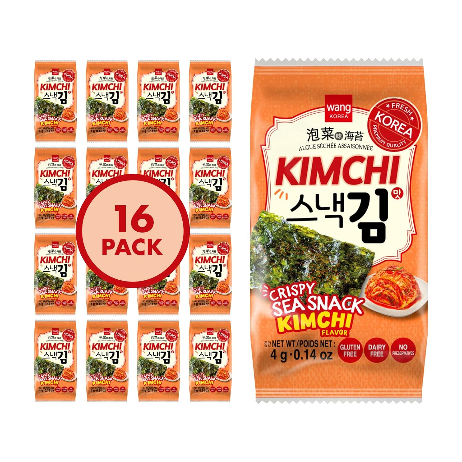 Wang Korean Roasted Seaweed Snack with Kimchi Flavor, Crispy Healthy Sea Snack, Pack of 16