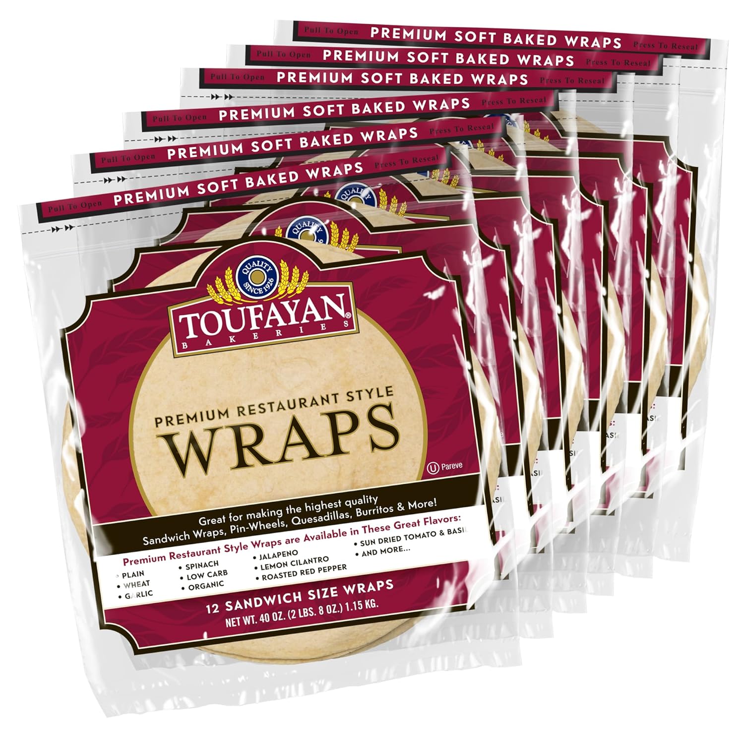 Toufayan Plain 12" Restaurant Style Wraps (Wholesale/Foodservice) | 6 Pack, 72 Wraps Total