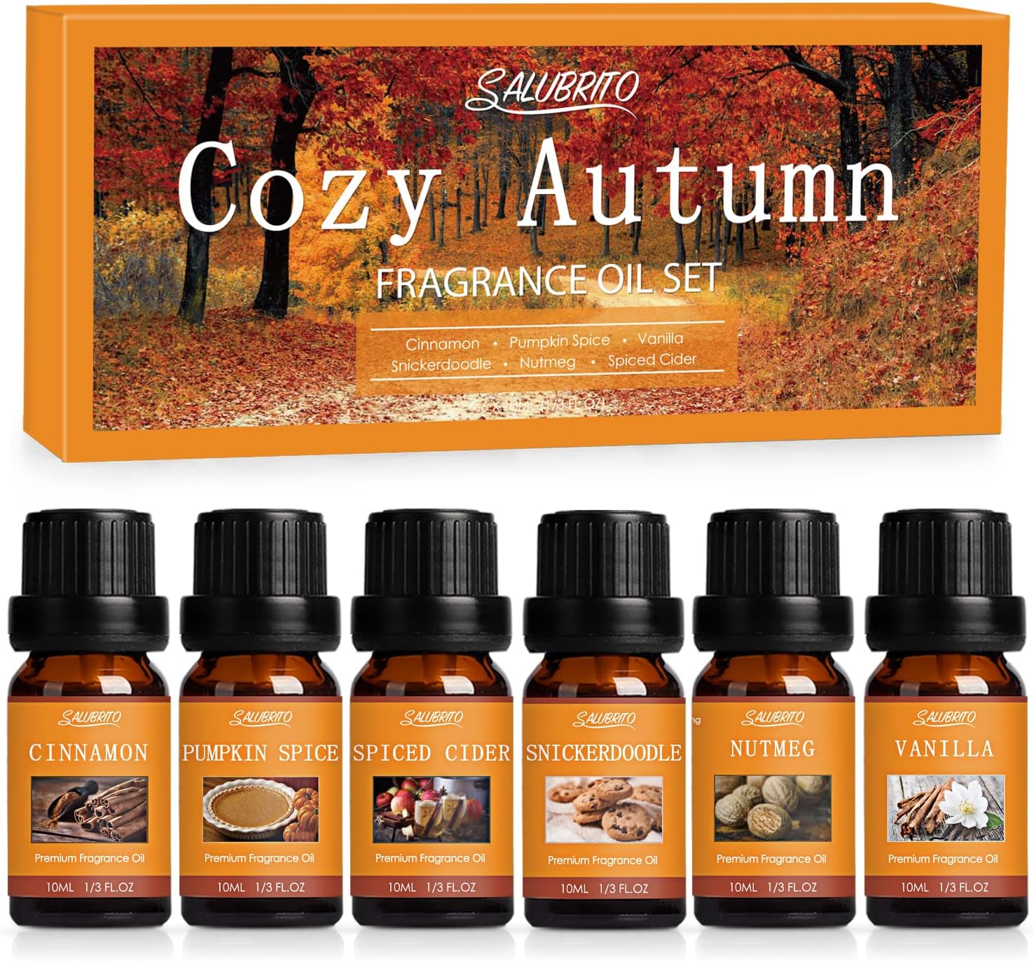 SALUBRITO Autumn Essential Oils Set, Premium Fragrance Oils for Diffuser, Home, Candle, Soap Making, Aromatherapy Oil Gife Set, Cinnamon, Pumpkin Spice, Spiced Cider, Snickerdoodle, Vanilla, Nutmeg