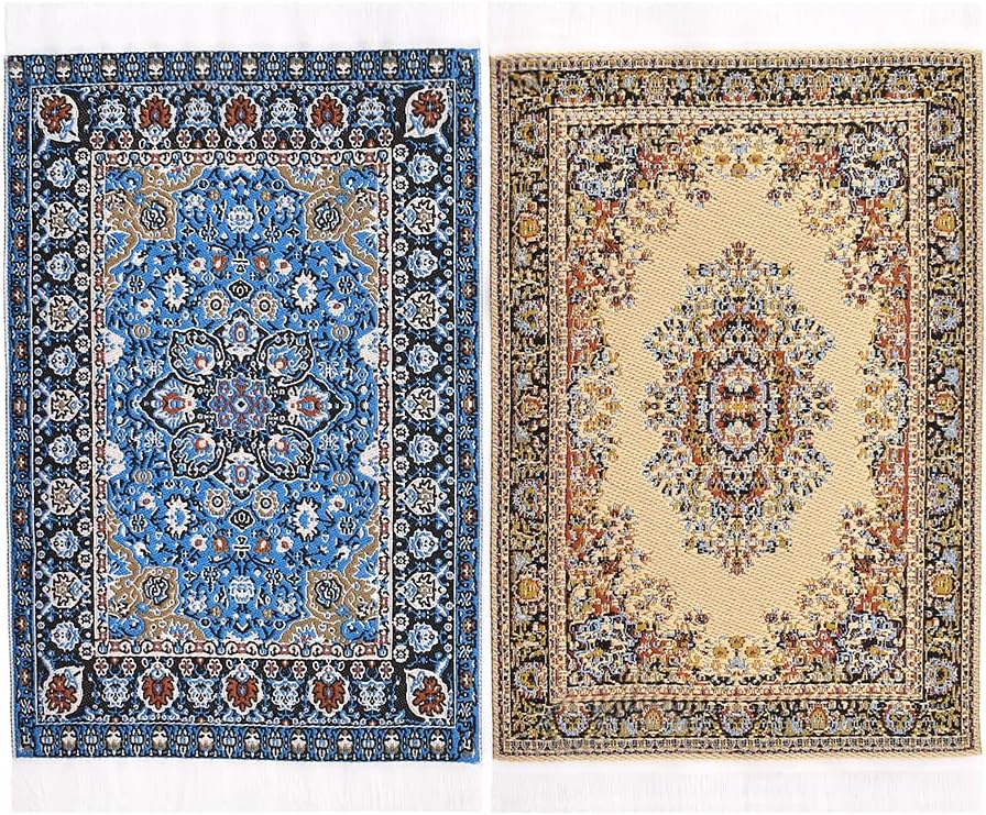 iLAND Miniature Dollhouse Accessories Vintage of Carpet for Dollhouse Furniture on 1/12 Scale and 3” - 12” Dolls, Woven Dollhouse Rugs 6” x 3.8”(2pcs Brilliance)