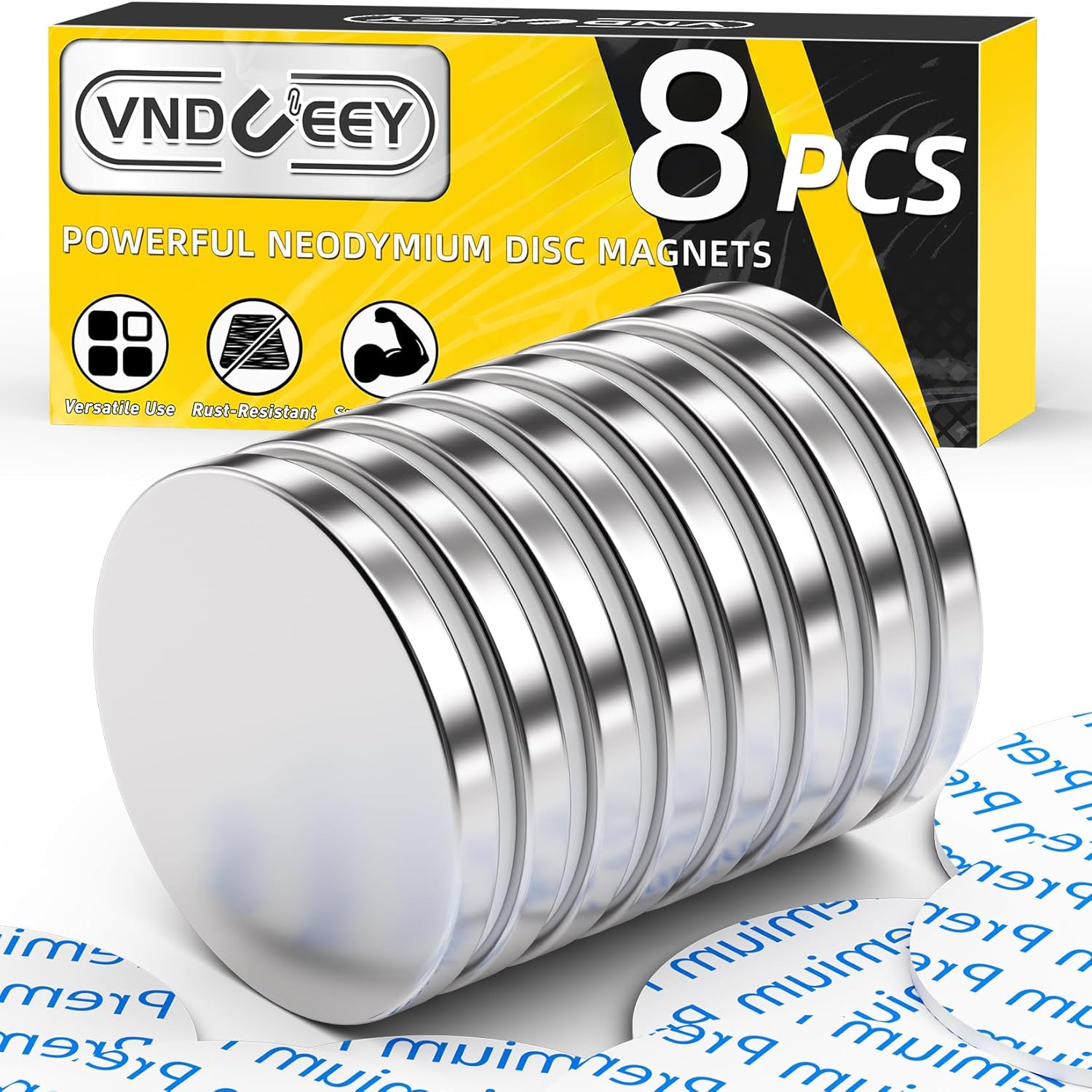 VNDUEEY Magnets Strong, Silver Neodymium Disc Magnets Heavy Duty, Self Adhesive Magnet Round for Fridge, Powerful Rare Earth Magnet for Home, Locker, Office, Workshop, Building, Pack of 8, 30x3mm