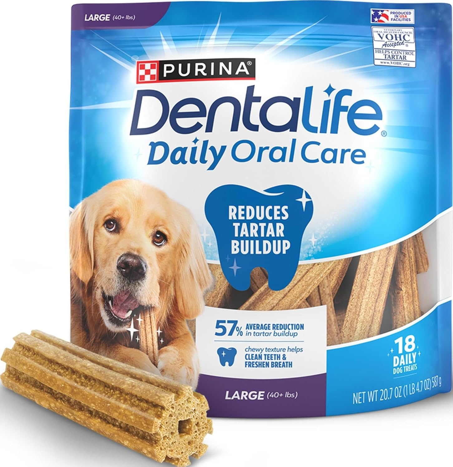 Dentalife Purina Daily Dental Chews for Large Dogs, 18 ct Pouch | Chewy, ridged texture in a tasty chicken flavor, helps reduce tartar buildup and help freshen breath
