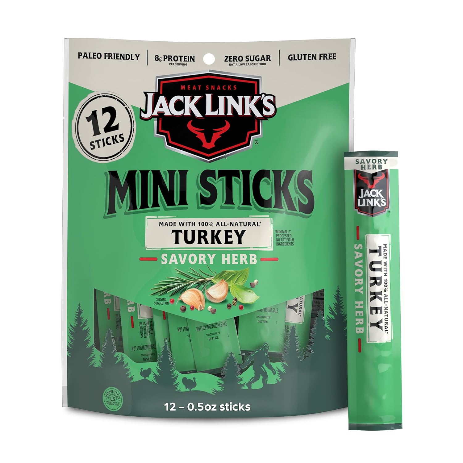 Jack Link's Mini Turkey Sticks, Savory Herb Flavor – 8g of Protein Snacks, Under 100 Calories, On the Go Snacking, Keto & Paleo Snack, Carnivore Diet Ready, Individually Wrapped, 0.5 Oz. (12 Count)