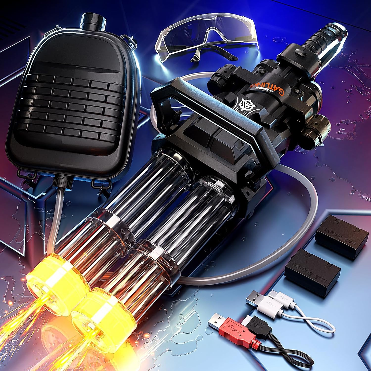 Gatling Electric Water Gun for Adults, New Double Barrel Squirt Gun with Rotating and LED Light, Long Range Automatic Water Guns with Backpack, Two Batteries, Outdoor Toys for Kids Ages 8-12