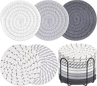Billbotk 10 Pieces Coasters for Drink Absorbent, 5 Colors Drink Coasters with Holder, Woven Coasters Set for Coffee Table, Wooden Table Decor, Home Decor, 4.3 Inches