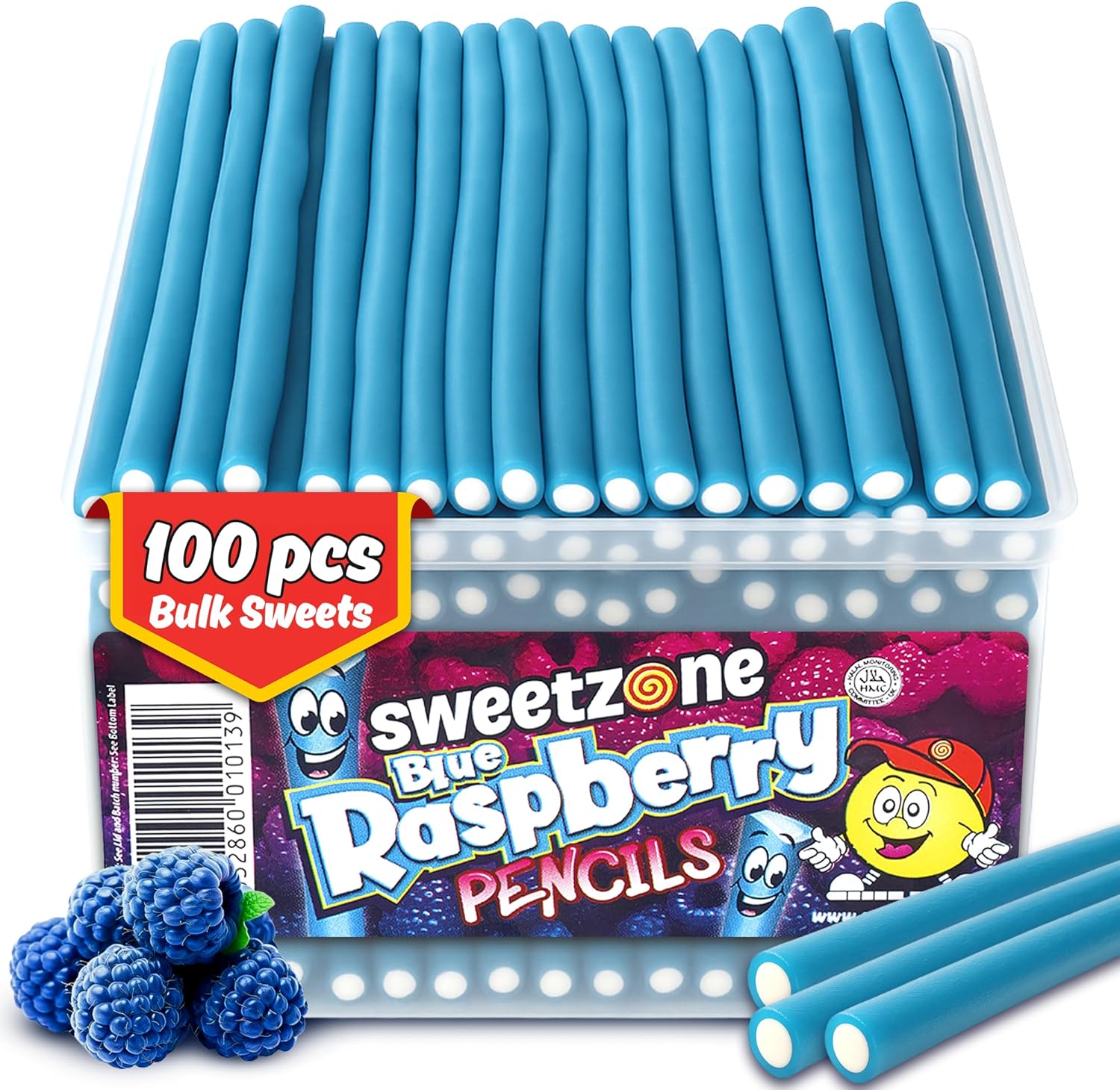 Sweetzone Blue Raspberry Pencils Tub, Pencil Sweets, 100 pc, alal Sweet, Wine gums, American Gum, British Sweets, Sweet Pie, Licorice Liquorice Allsorts, Irresistible for Candy Lovers