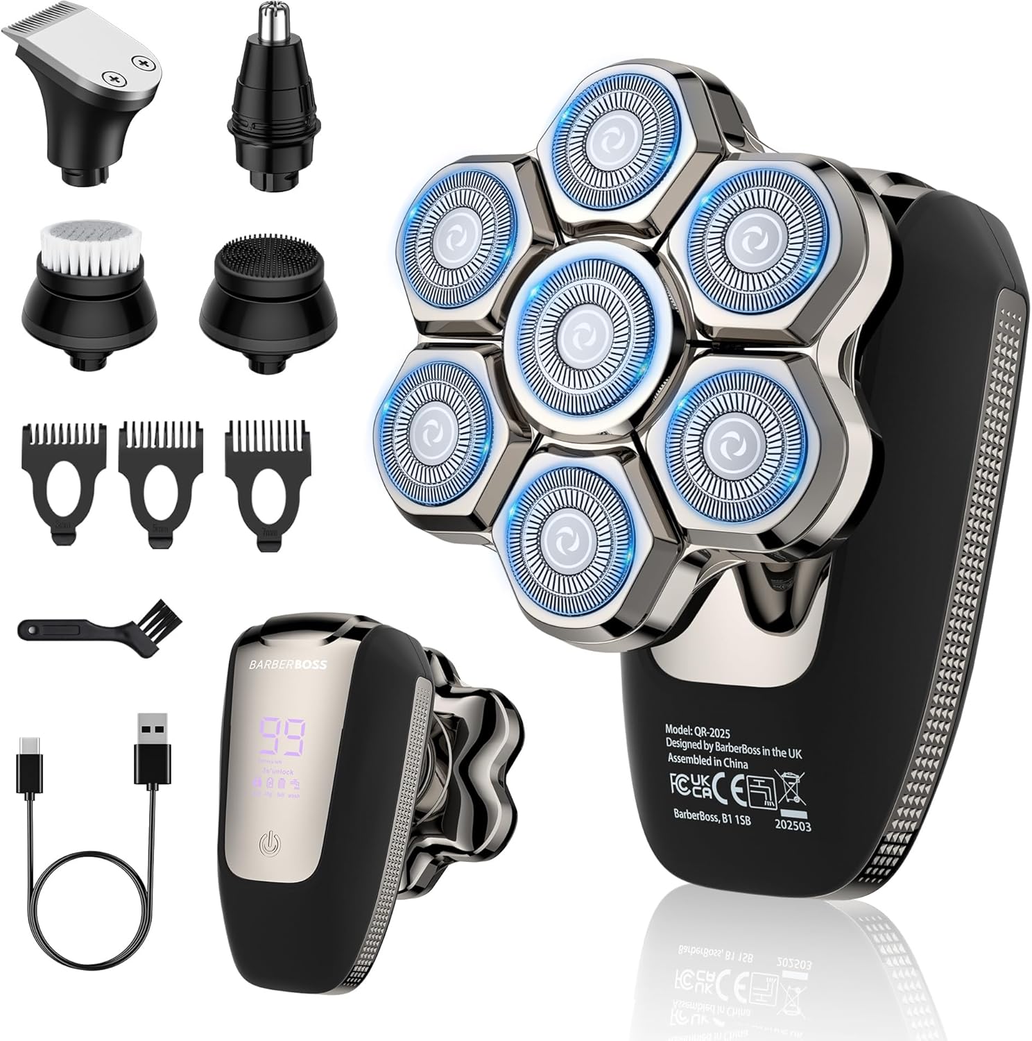 BarberBoss 7D Bald Head Shaver for Men: Magnetic Rotary Shaver, 5-in-1 Electric Groomer with LED Display, USB-C Charging, Beard & Nose Trimmer, All-in-One Facial Grooming Kit | QR-2025