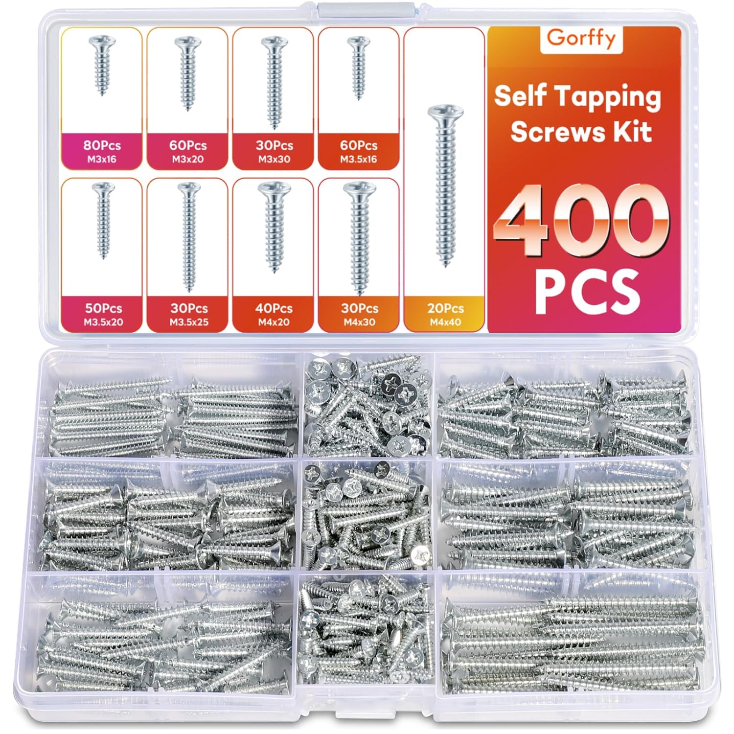 Gorffy 400PCS Wood Screws Assortment, M3, M3.5, M4, Countersunk Self Tapping Screws, Zinc Coated, DIY, Furniture & Repairs