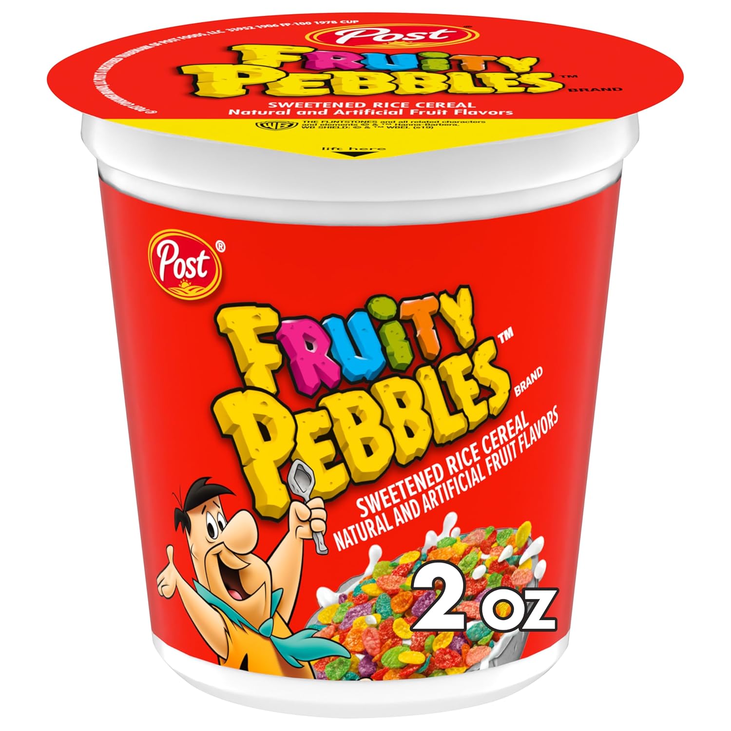 Post Fruity PEBBLES Cereal, Fruity Kids Cereal, Gluten Free Rice Cereal for Kids, 2 OZ Individual Cereal Cup (Pack of 12)