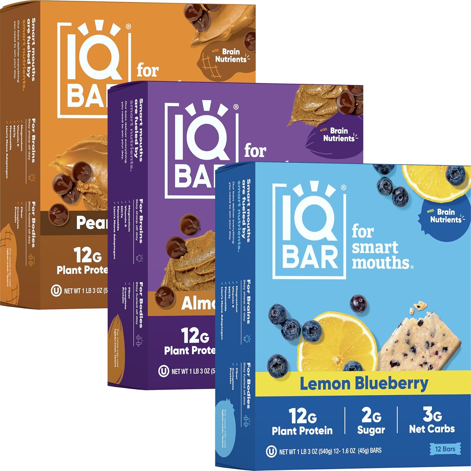 IQBAR Brain and Body Keto Protein Bars 12-Count Almond Butter Chip, Peanut Butter Chip & Lemon Blueberry Keto Bars - Low Carb Protein Bars, High-Fiber Vegan Bars, Low Sugar Meal Replacement Bars