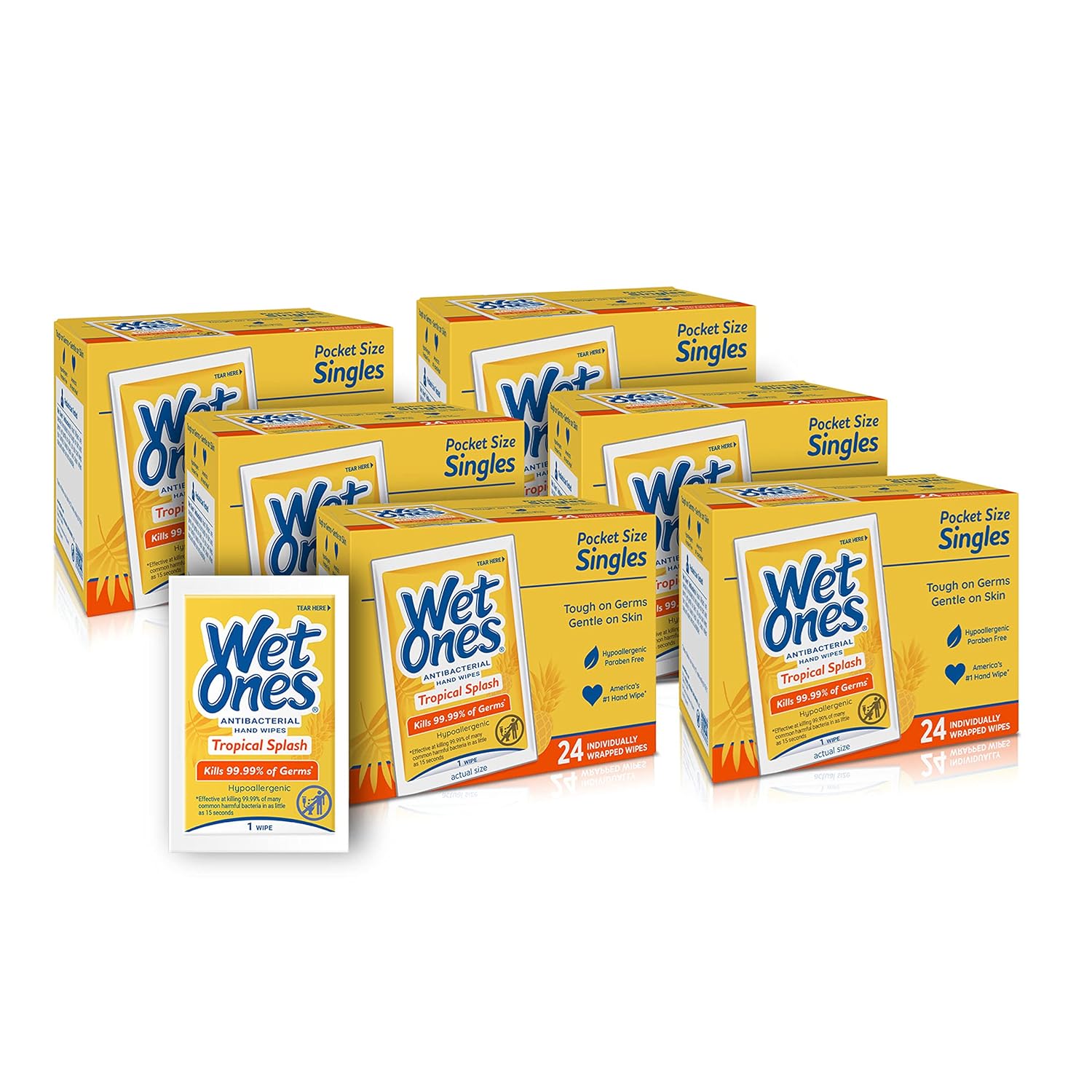 Wet Ones Antibacterial Hand & Face wipes, Tropical Splash Singles, 24 Count, Pack Of 6
