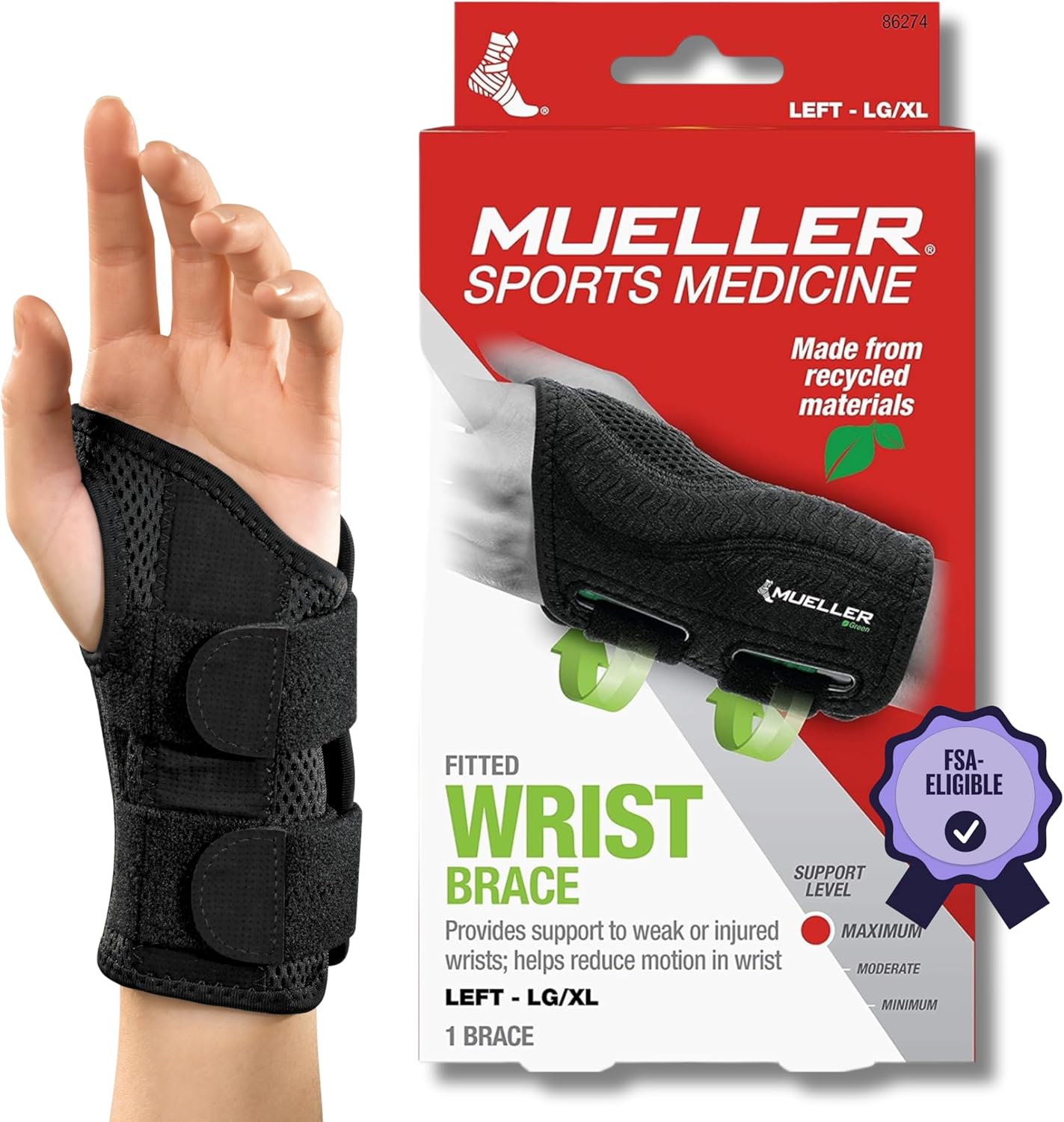 MUELLER Sports Medicine Green Fitted Wrist Brace for Men and Women, Wrist Pain Relief Support, Ideal for Carpal Tunnel, Tendonitis, Arthritis, Black