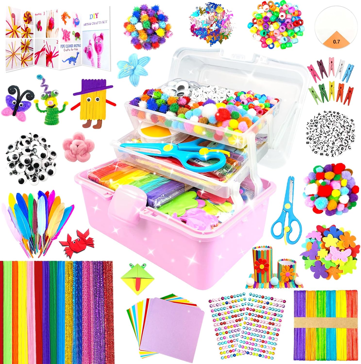 3000 Arts and Crafts Supplies for Kids Craft Kit Craft Box with Pipe Cleaners Arts and Crafts for Kids Age 4-6, 6-8, 8-12 DIY School Supplies Materials Set Toys Gifts for Girls Boys Toddlers, Pink
